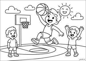 Joueurs de basketball en pleine action (Coloriage de Sports)