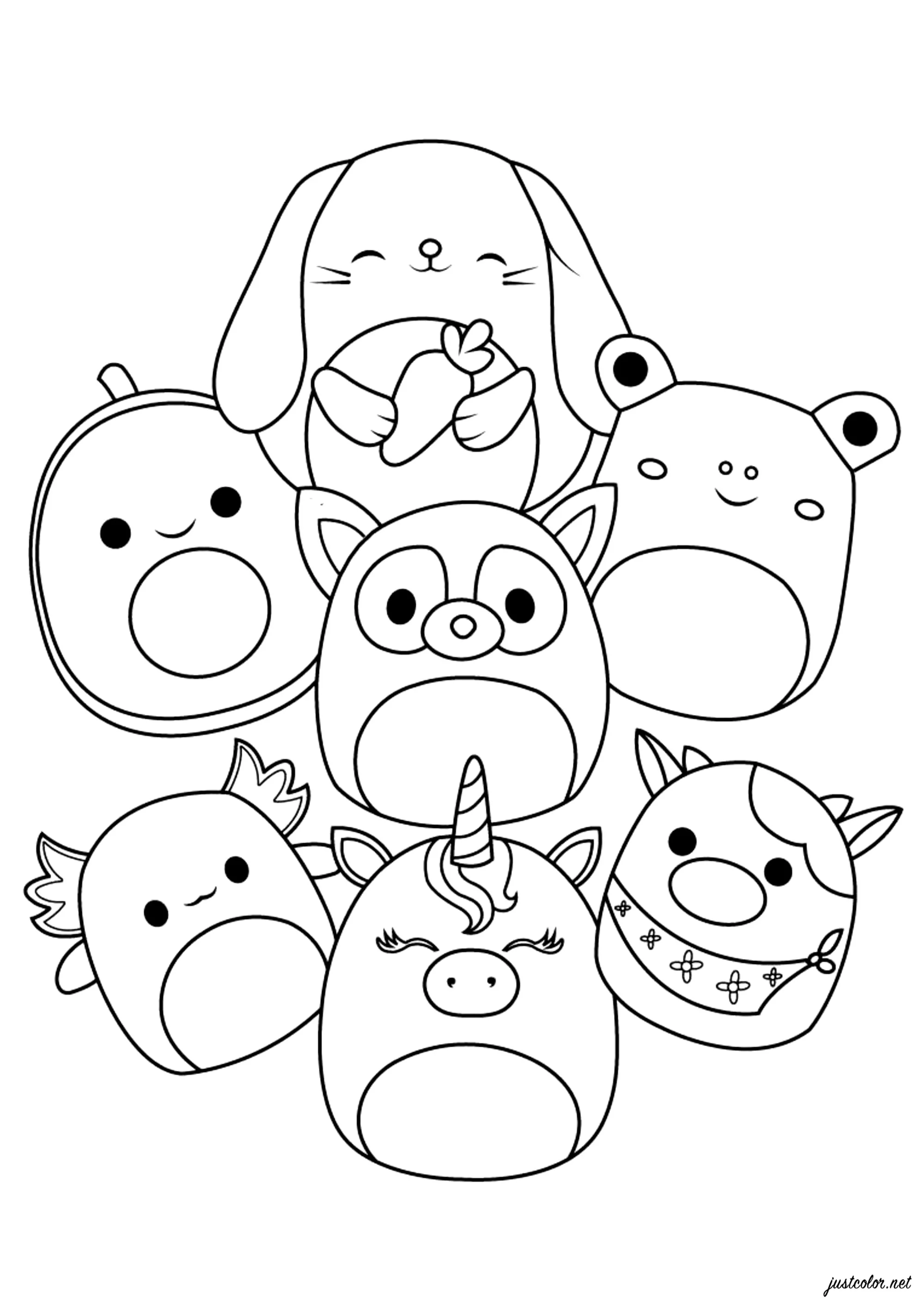 Amis Squishmallow rassemblés (Coloriage à imprimer pour enfants)