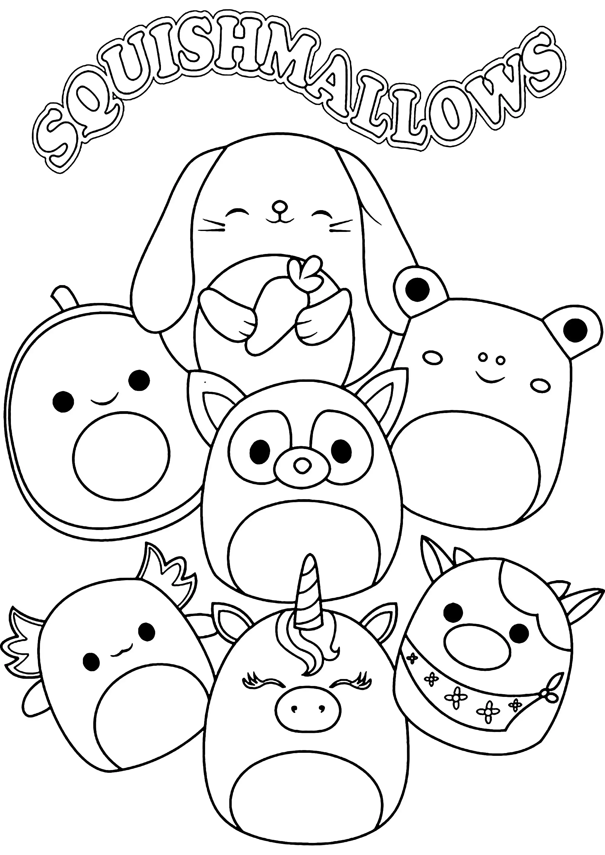 Squishmallows : d'adorables peluches (Coloriage à imprimer pour enfants)