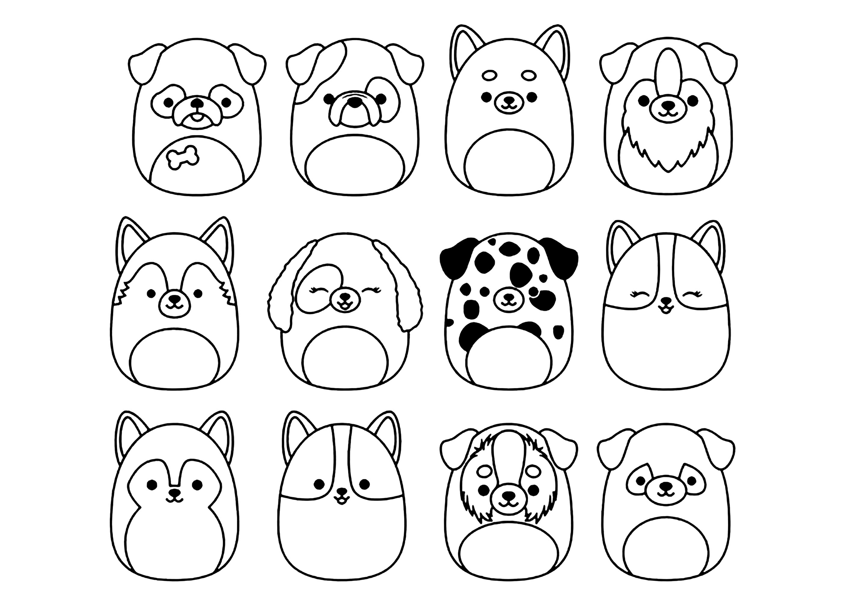 Différentes races de chiens (Coloriage de Squishmallow à imprimer pour enfants)
