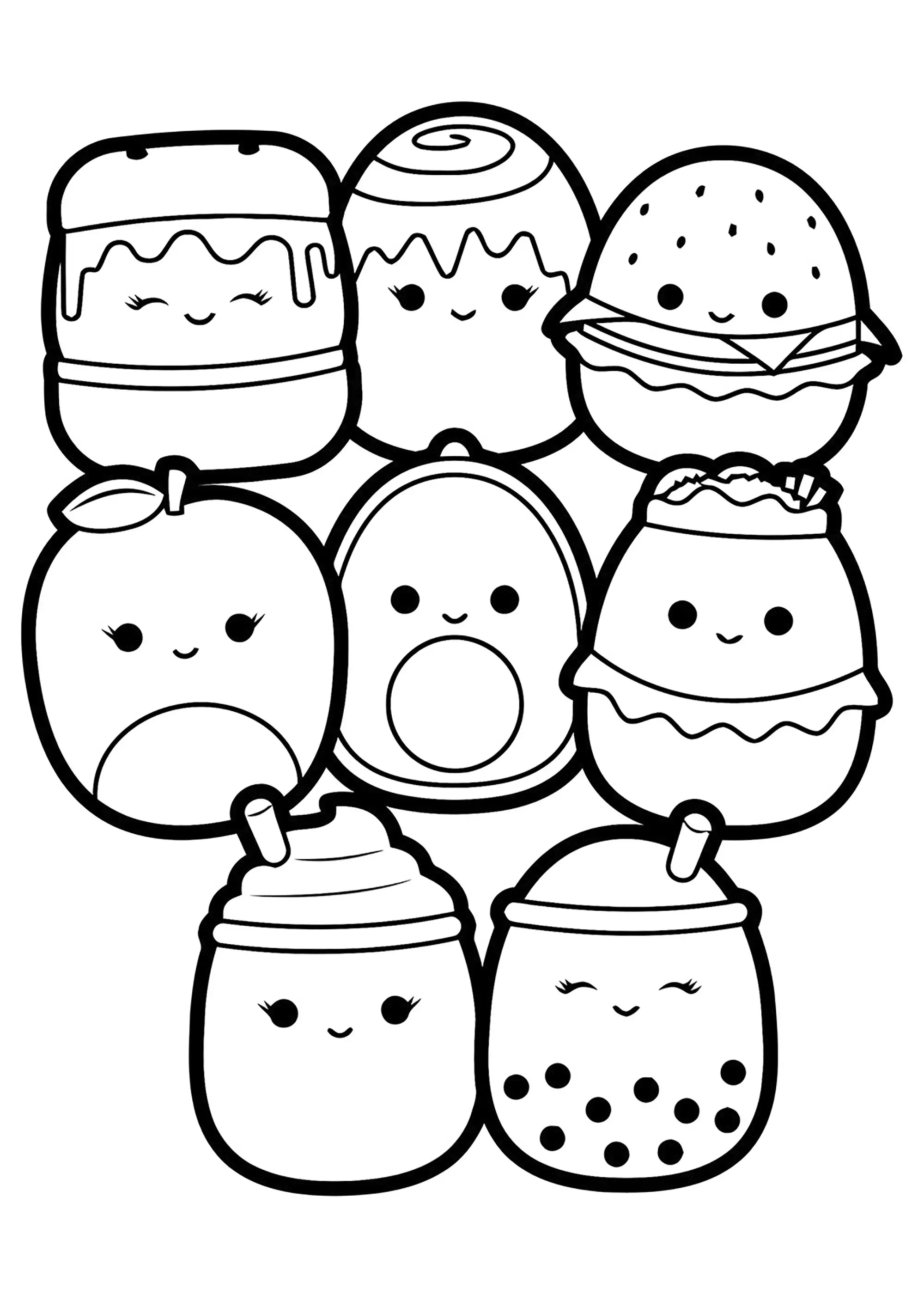 Personnages Squishmallow appétissants (Coloriage à imprimer pour enfants)
