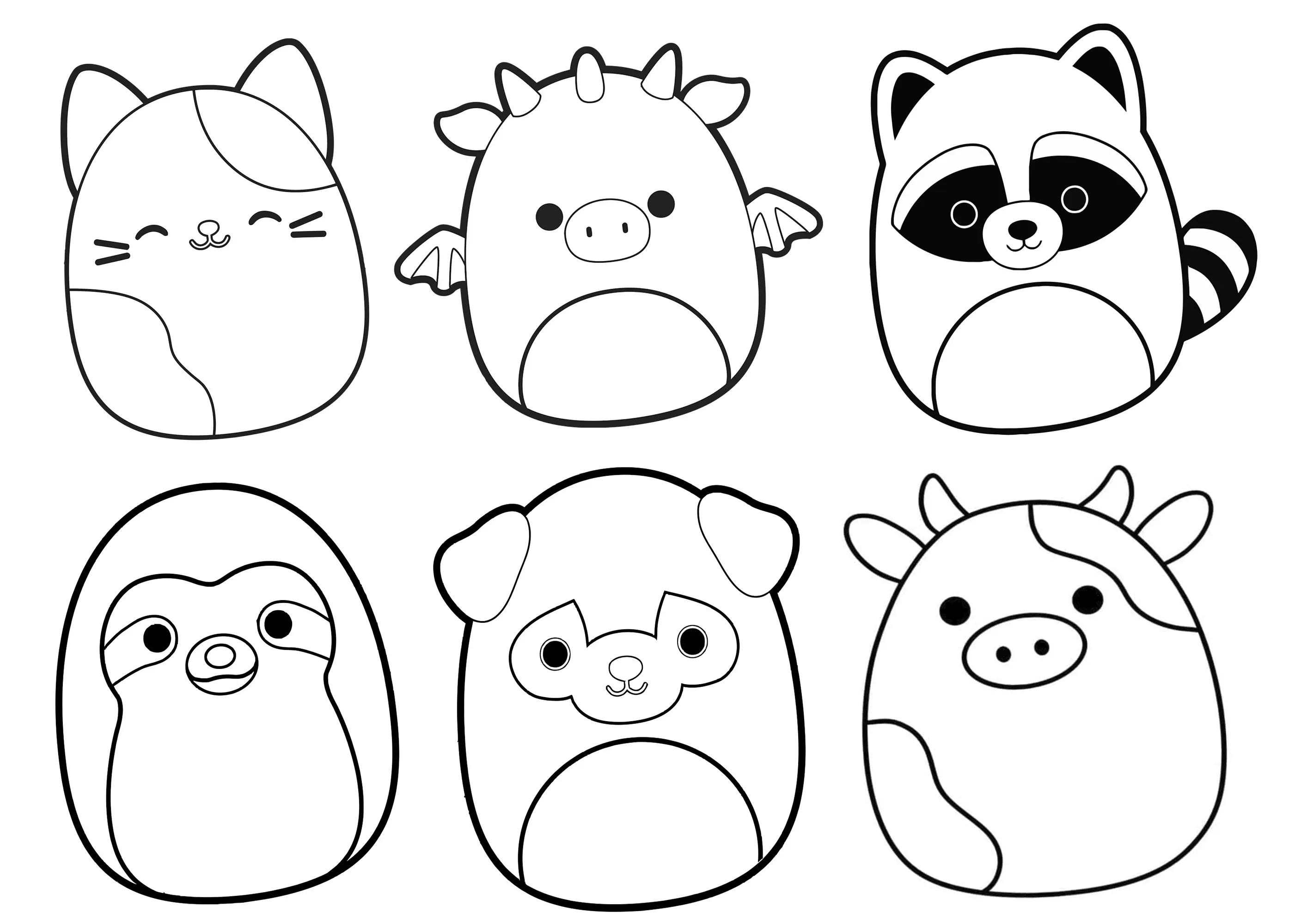 Six animaux Squishmallow (Coloriage à imprimer pour enfants)