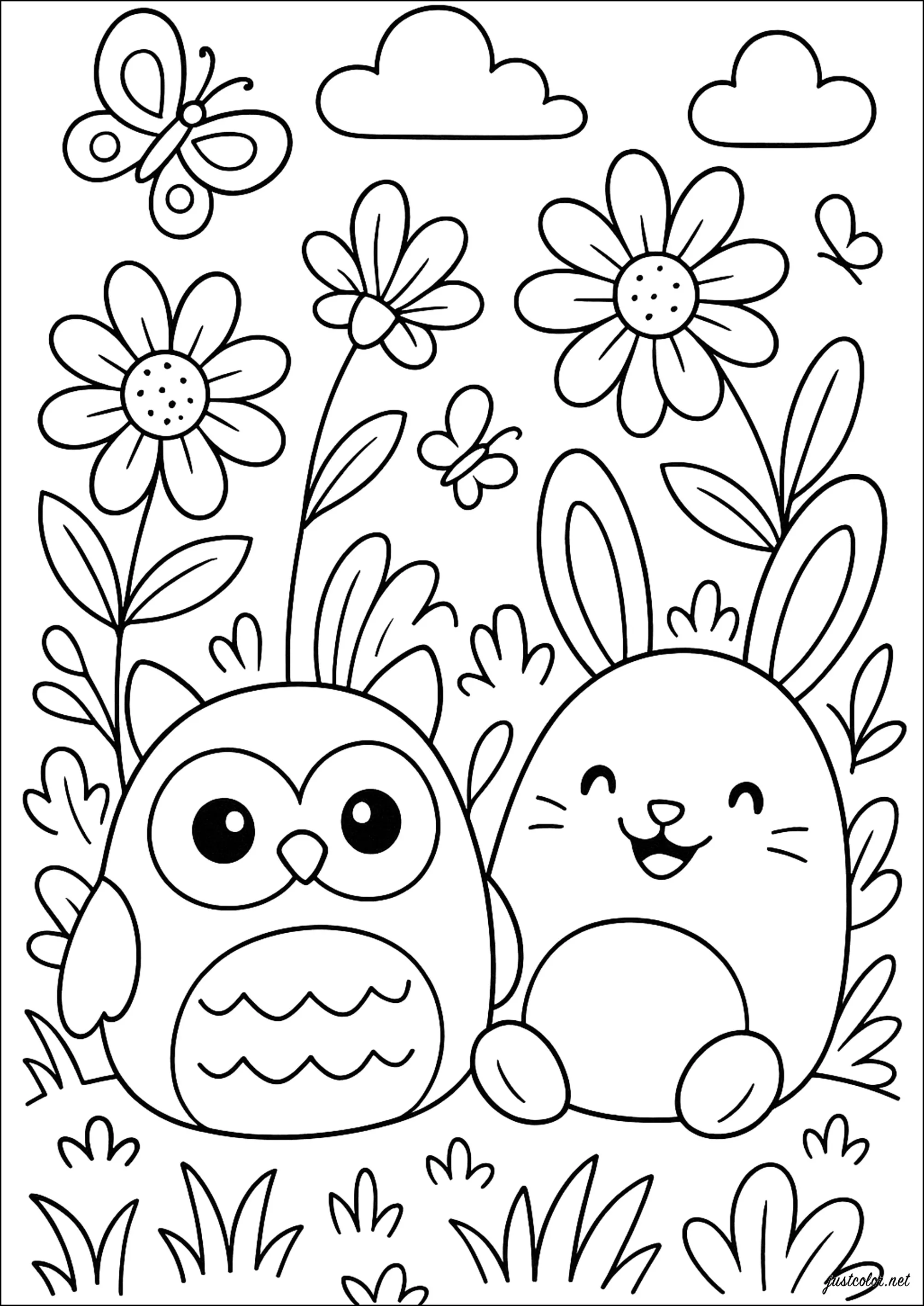 Deux amis dans un jardin enchanté (Coloriage de Squishmallow à imprimer pour enfants)