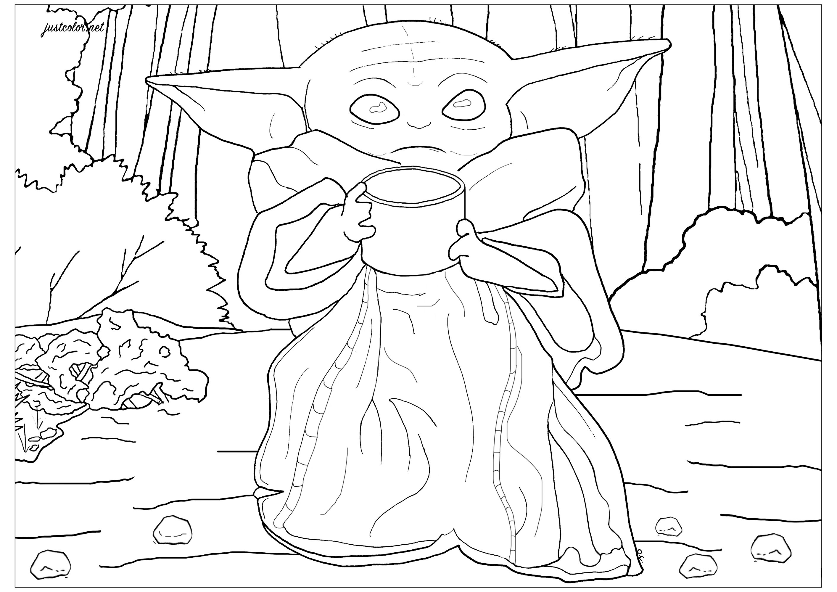 Coloriage original de Grogu (Bébé Yoda), nouveau personnage de la série Disney + 'Le Mandalorien', inspirée de l'univers Star Wars