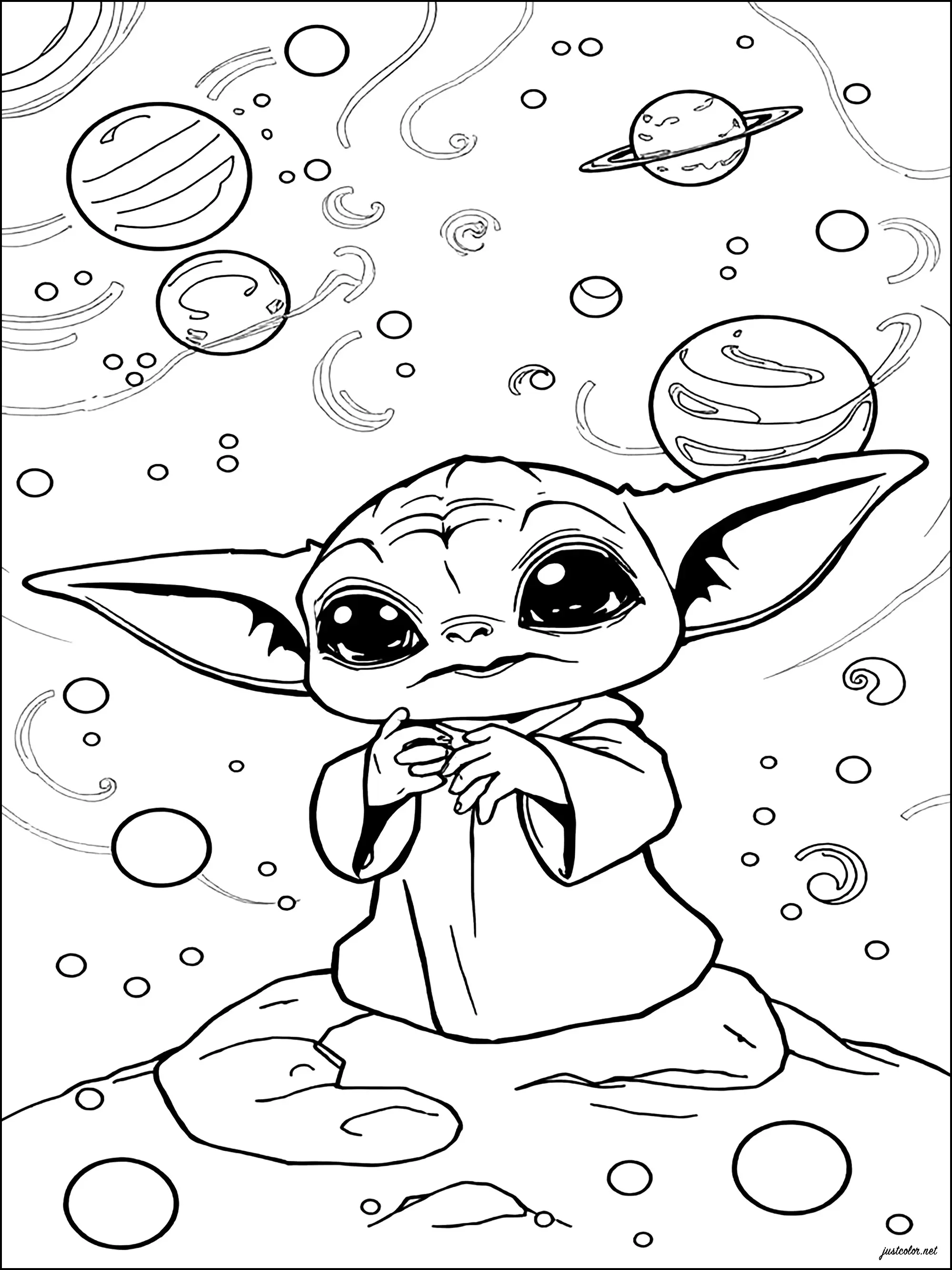 Grogu, alias Baby Yoda, dans l'espace (Coloriage de Star Wars à imprimer pour enfants)