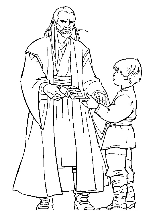 Coloriage de Qui Gon Jinn avec le jeune Anakin Skywalker, avant qu'il ne devienne Dark Vador