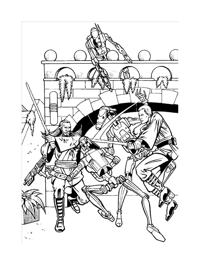 Obi wan et Qui Gon Jinn contre les robots (Coloriage de Star Wars à imprimer pour enfants)