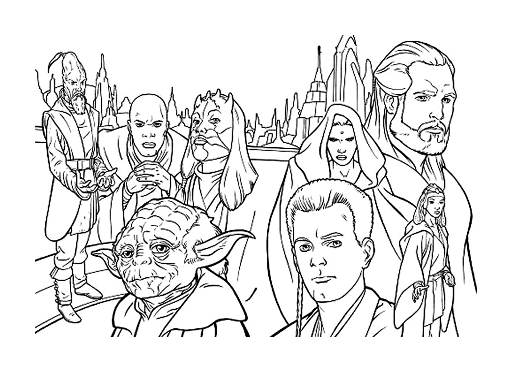 Plusieurs personnages de la prélogie Star Wars à colorier. Yoda, Qui Gon Jinn, Obi Wan Kenobi, Mace Windu ...