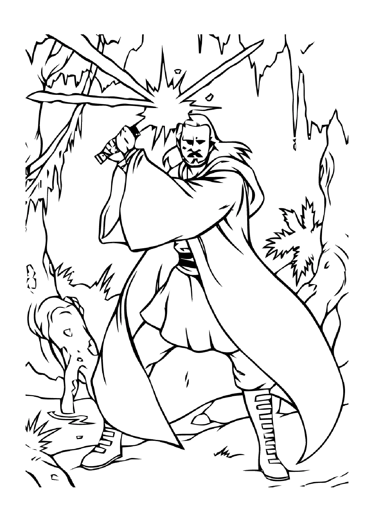 Qui Gon Jinn à l'attaque (Coloriage de Star Wars à imprimer pour enfants)