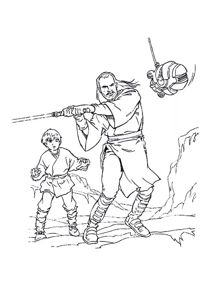 Anakin Skywalker avec Qui Gon Jinn (Coloriage de Star Wars à imprimer pour enfants)