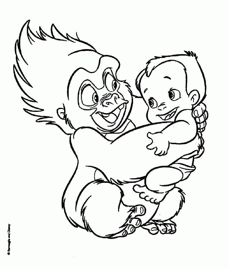 Coloriage de Tarzan bébé avec son ami singe