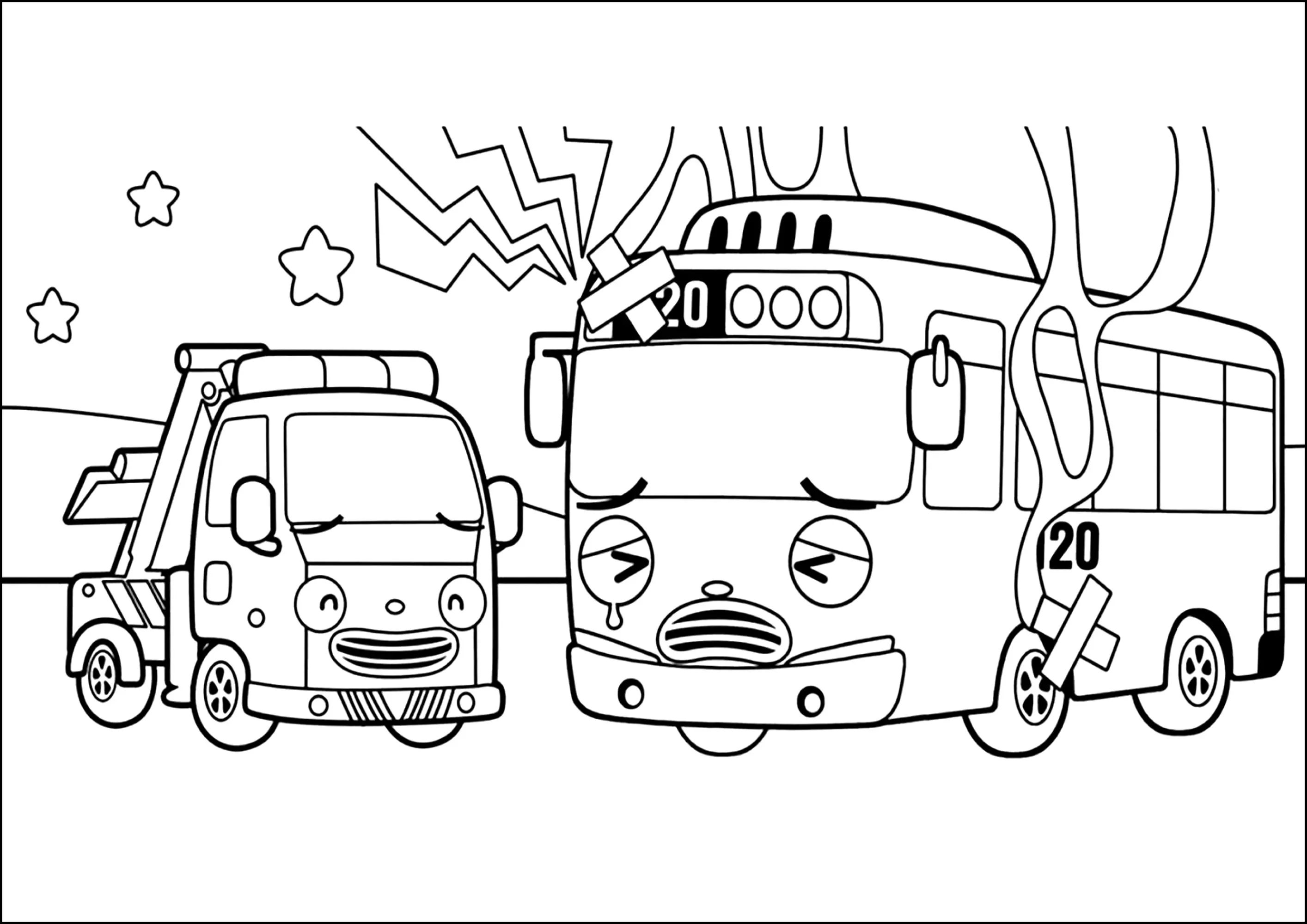 Dépannage pour Tayo (Coloriage de Tayo le petit bus à imprimer pour enfants)