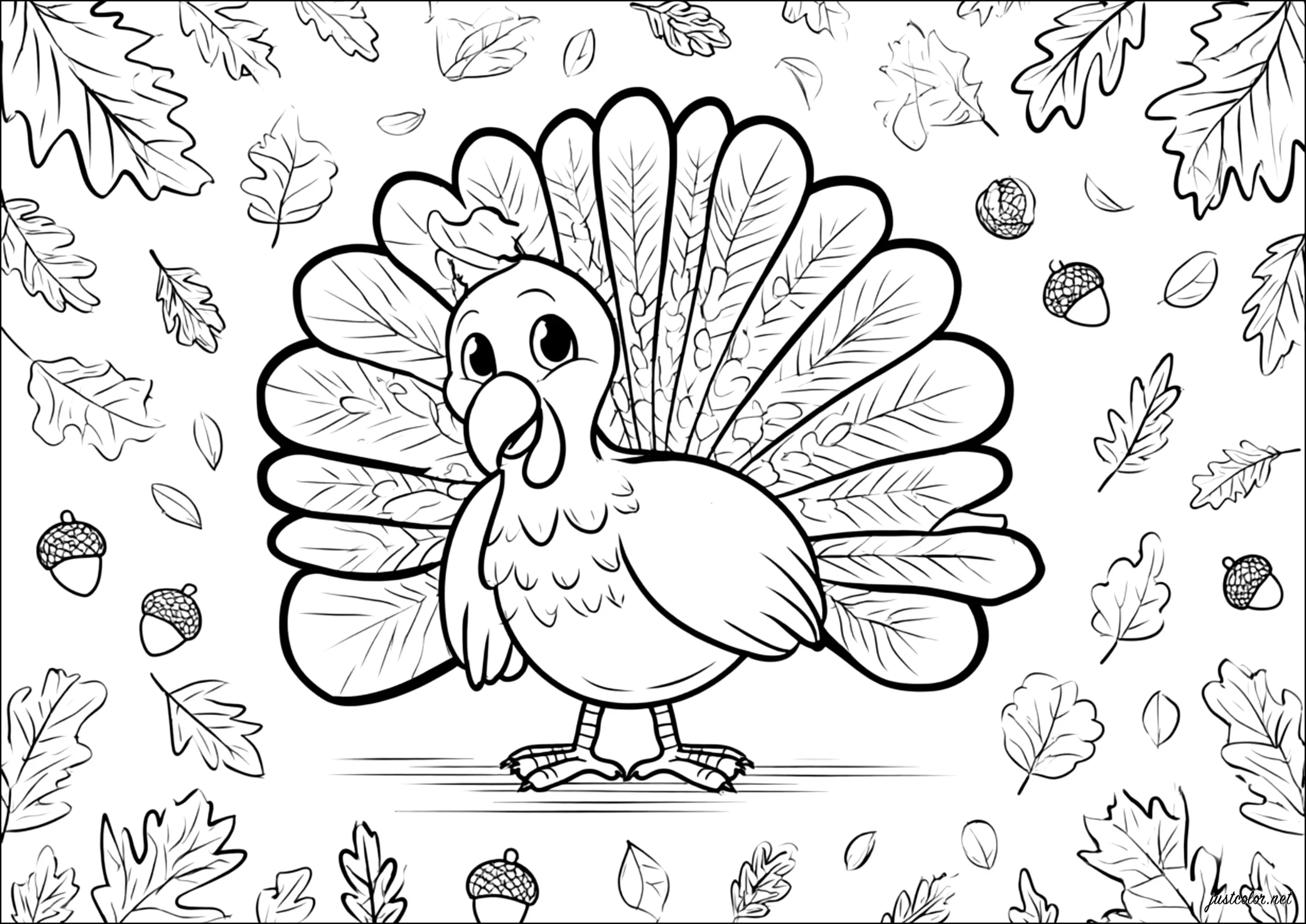 Dinde et feuilles d'automne (Coloriage de Thanksgiving à imprimer pour enfants)