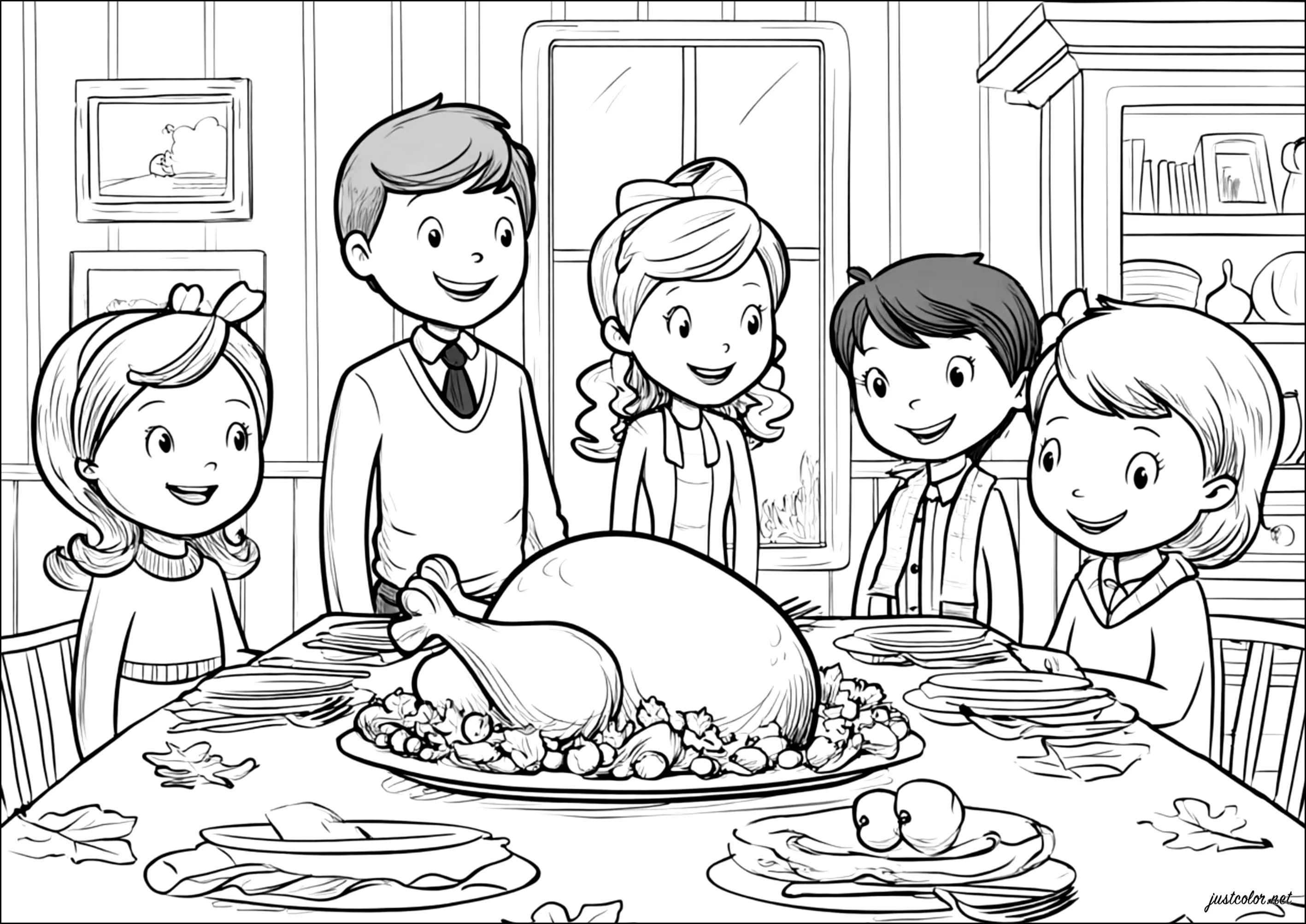 Famille autour d'un festin (Coloriage de Thanksgiving à imprimer pour enfants)