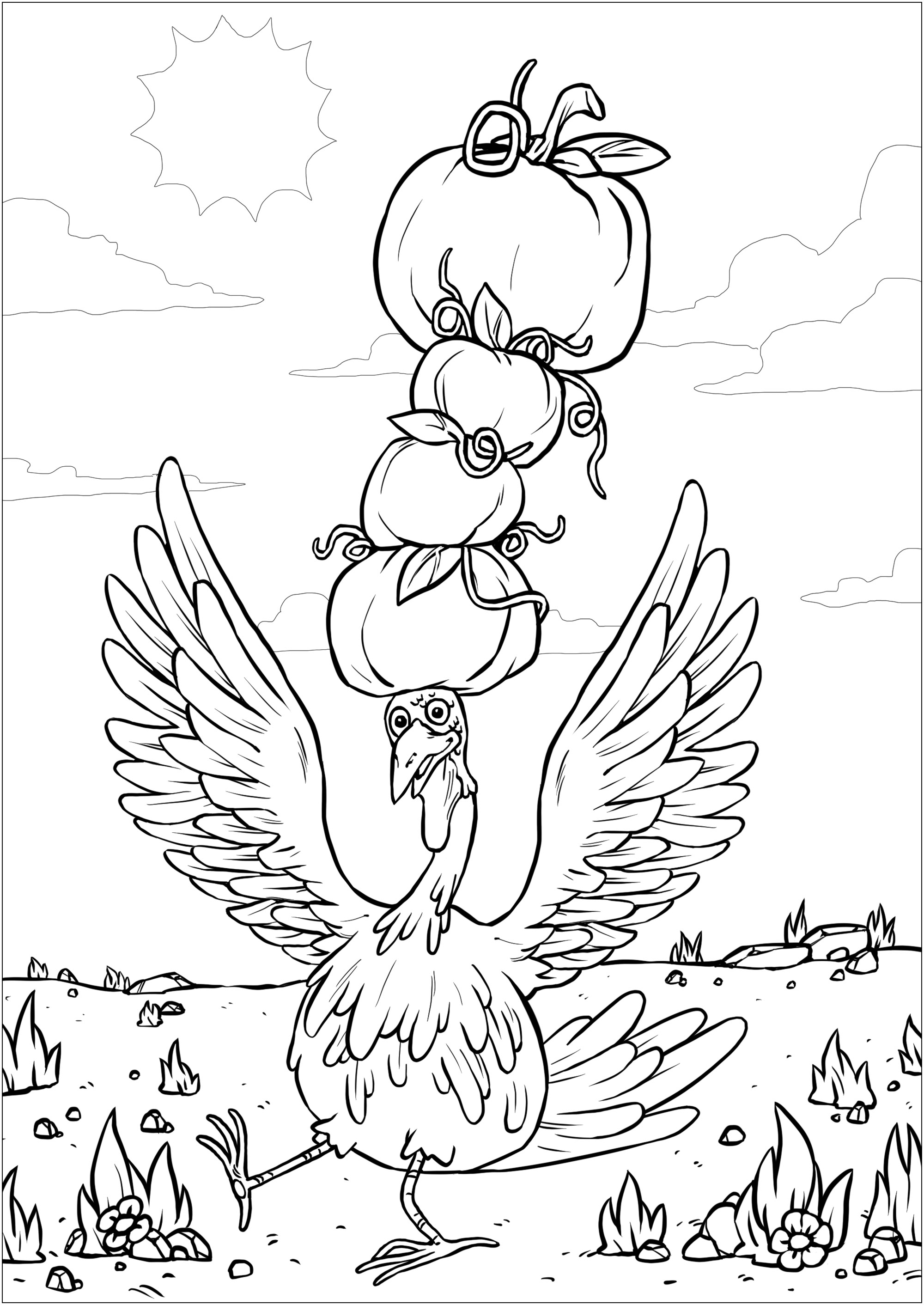 Dinde et citrouilles (Coloriage de Thanksgiving) Dinde et citrouilles (Coloriage de Thanksgiving à imprimer pour enfants)