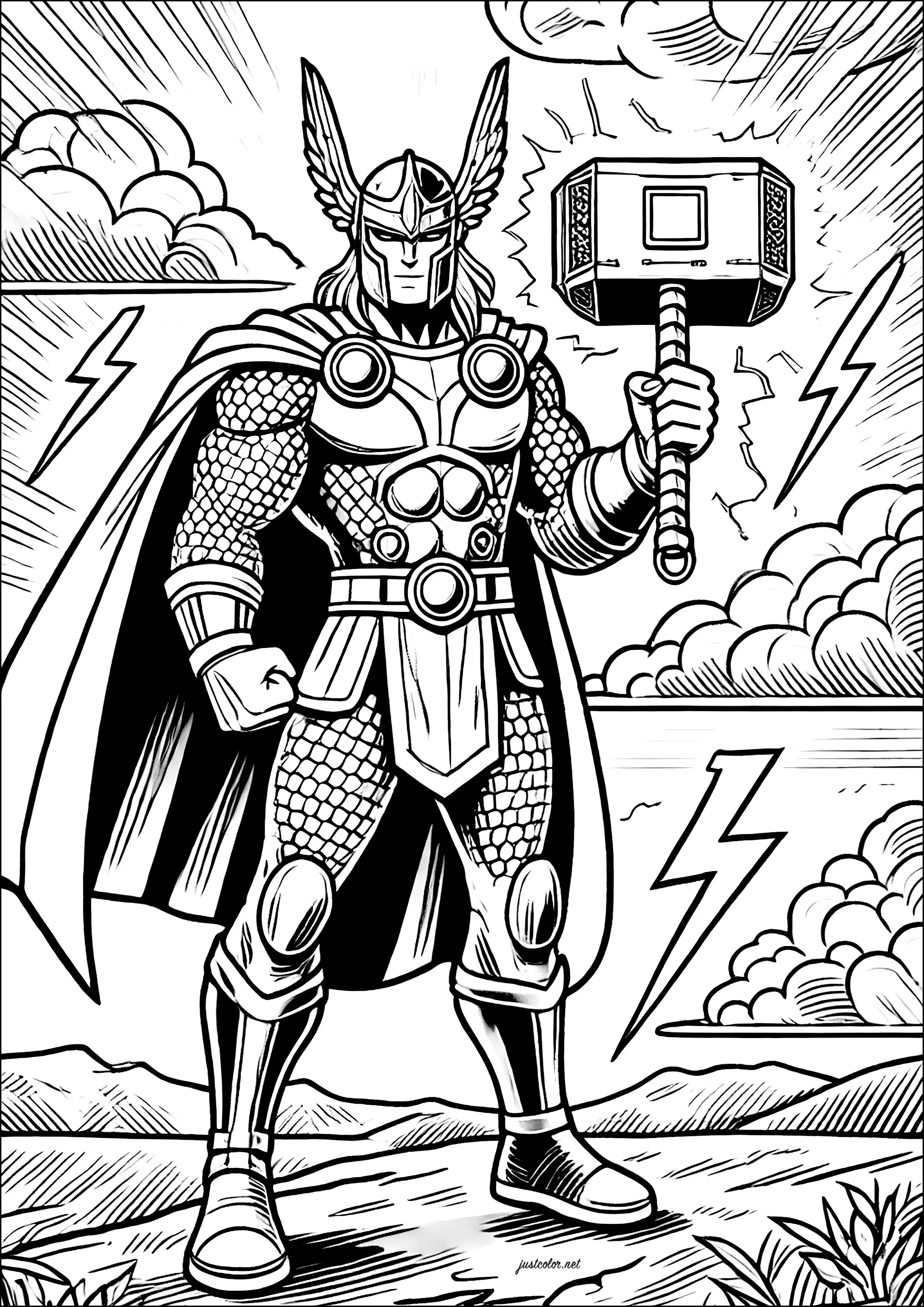 Thor en armure avec son marteau : Mjöllnir (style manga) (Coloriage à imprimer pour enfants)