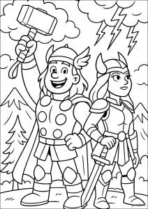 Thor et Sif, prêts pour l'aventure (Coloriage)
