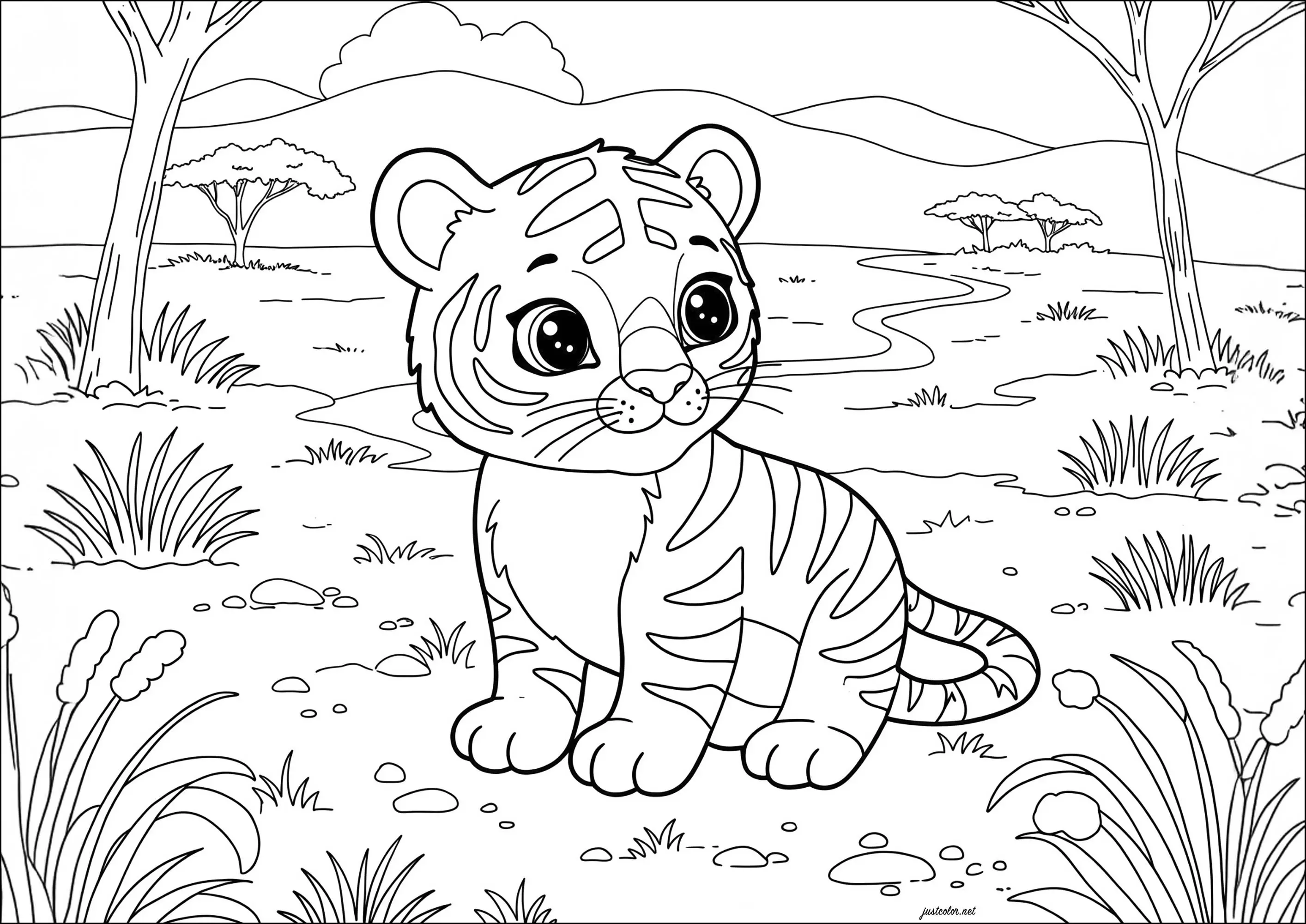 Joli petit tigre dans la Savane (Coloriage à imprimer pour enfants)