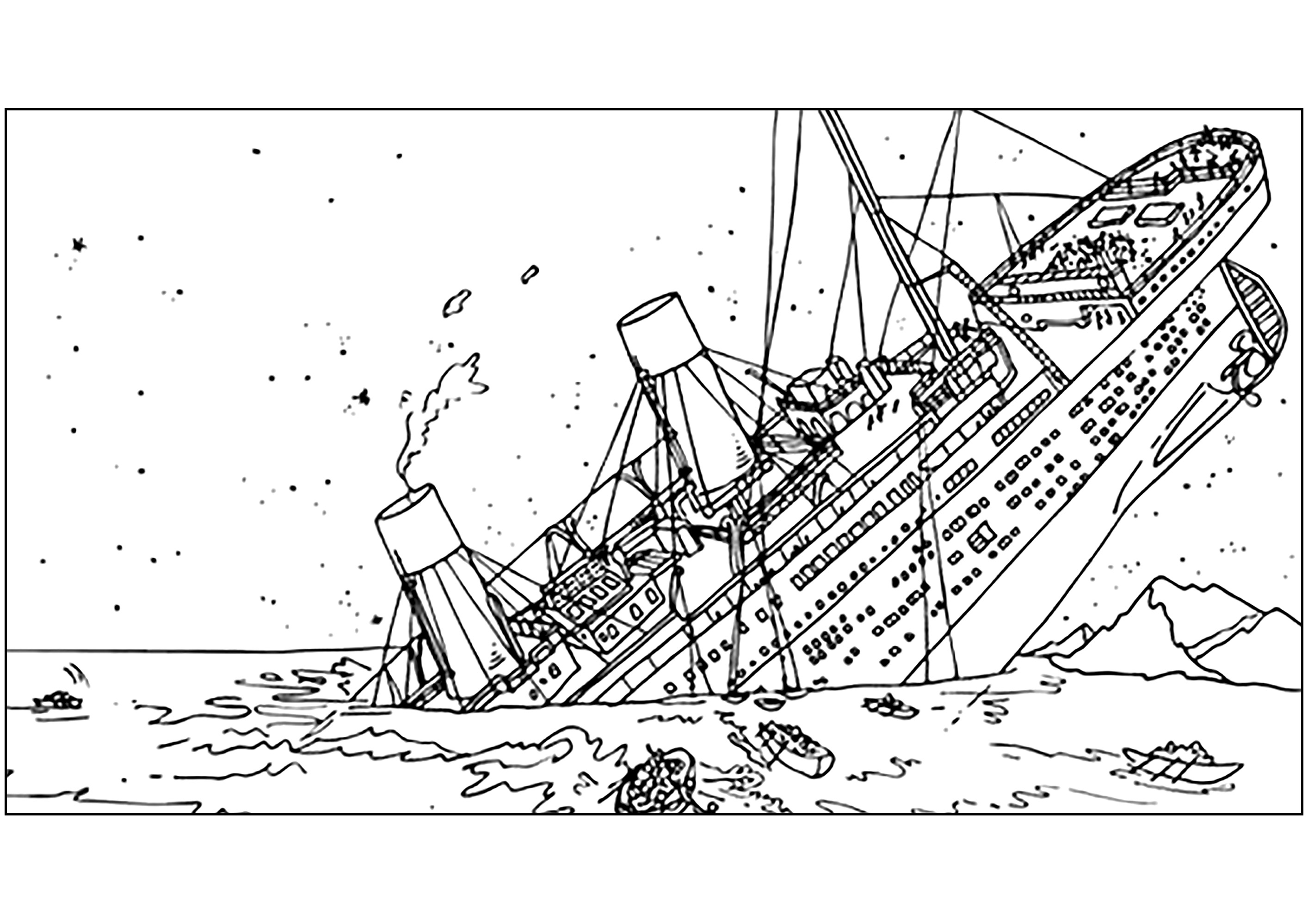 Le Titanic commençant à être englouti par la mer (Coloriage à imprimer pour enfants)