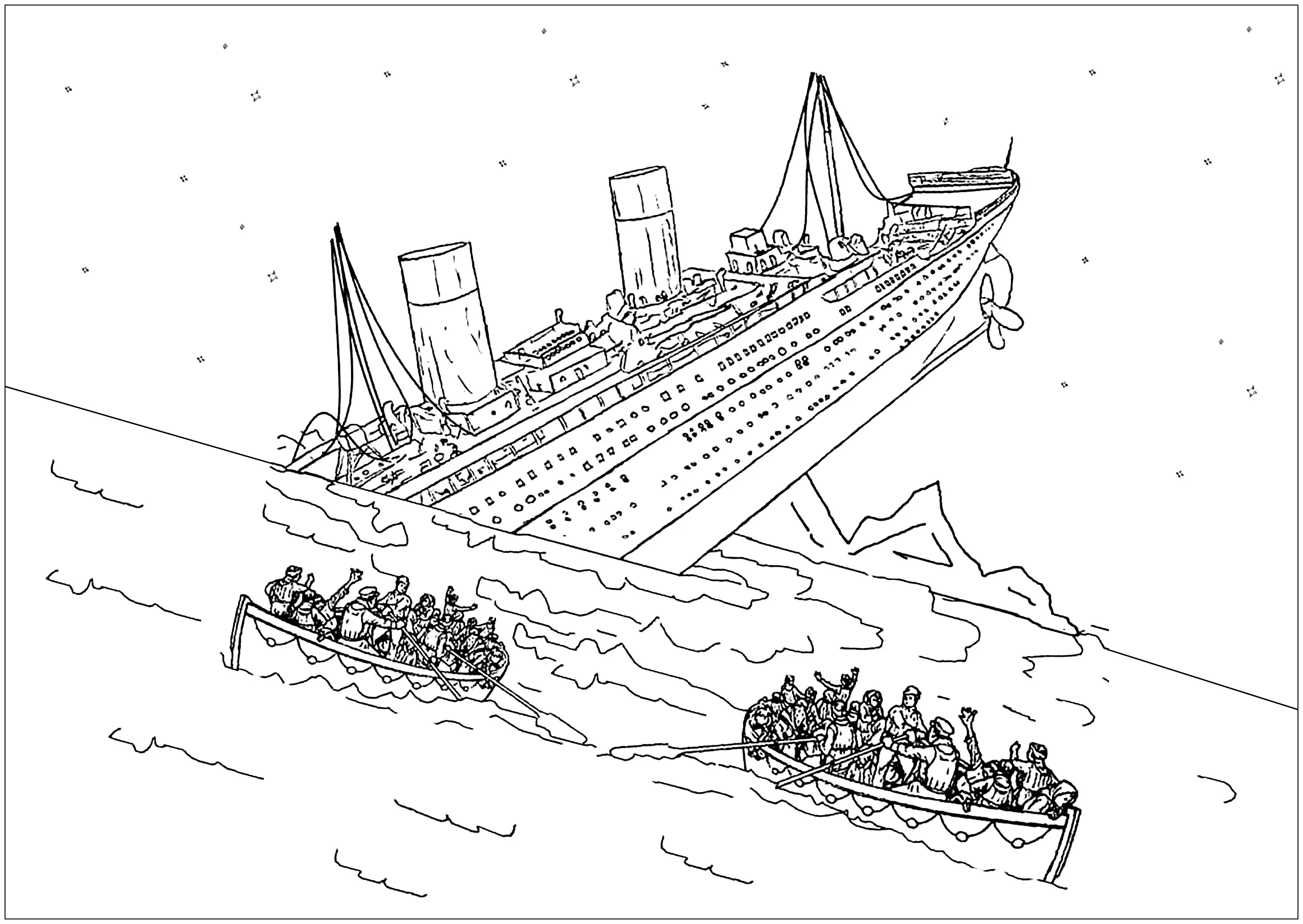 Le Titanic en train de couler, avec des passager se sauvant sur des barques de secours (Coloriage à imprimer pour enfants)