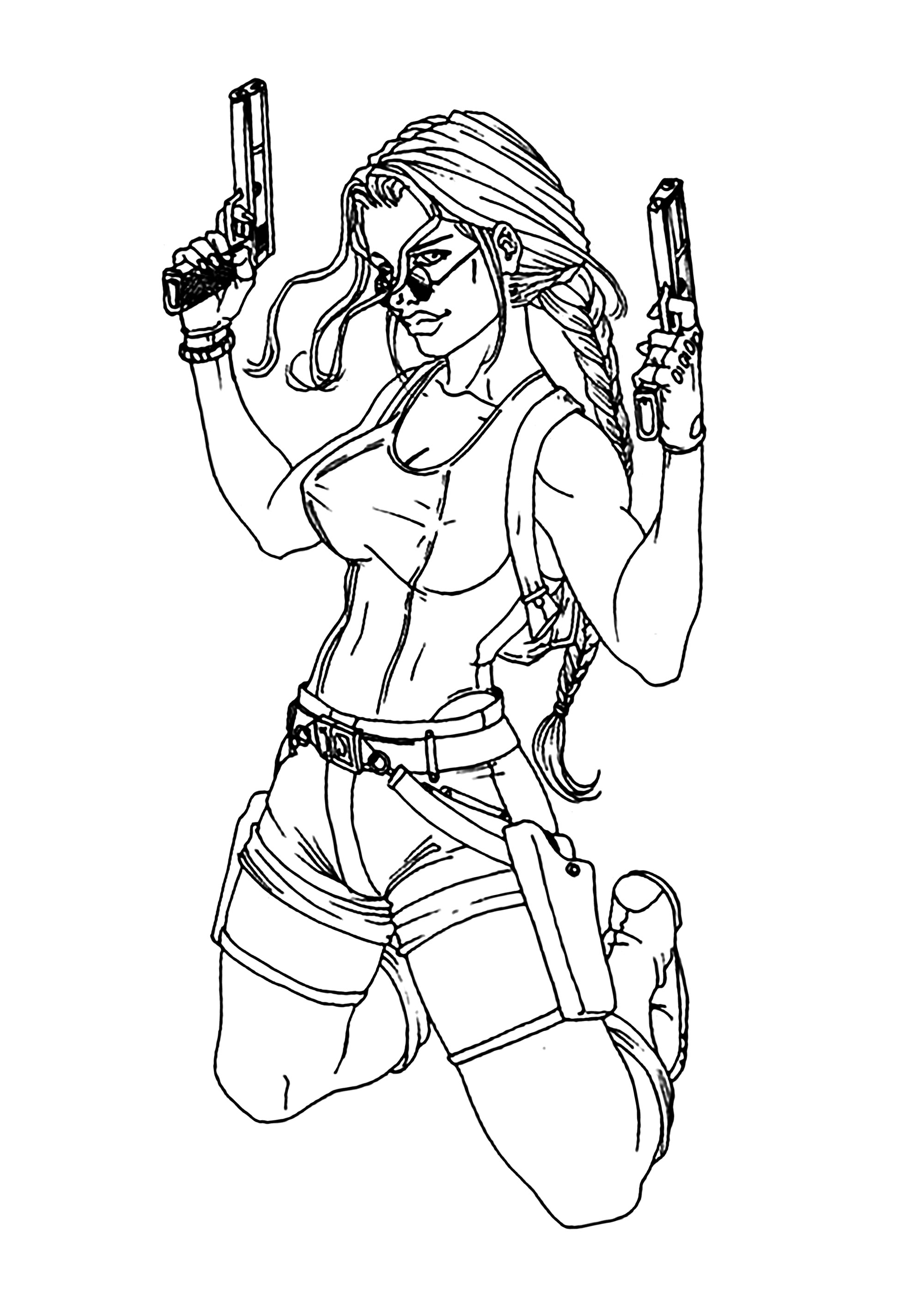 Lara Croft avec ses lunettes et ses deux pistolets