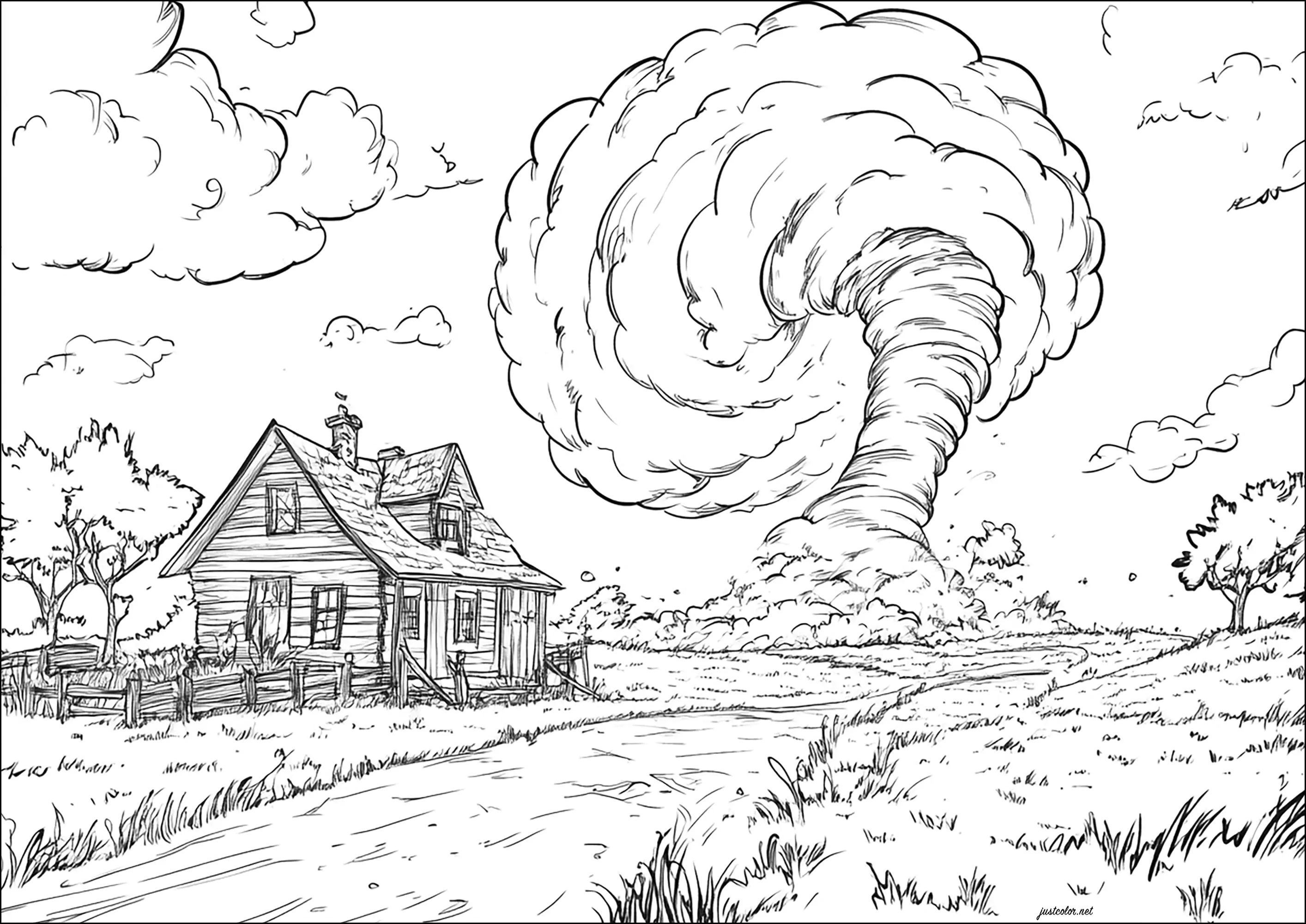 Tornade géante menaçant une maison (Coloriage à imprimer pour enfants)