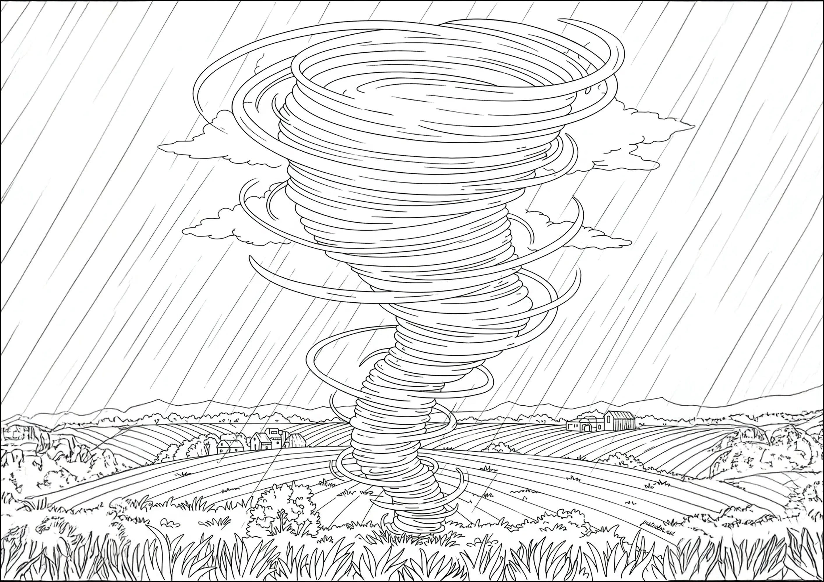 Une tornade géante sème le chaos (Coloriage à imprimer pour enfants)
