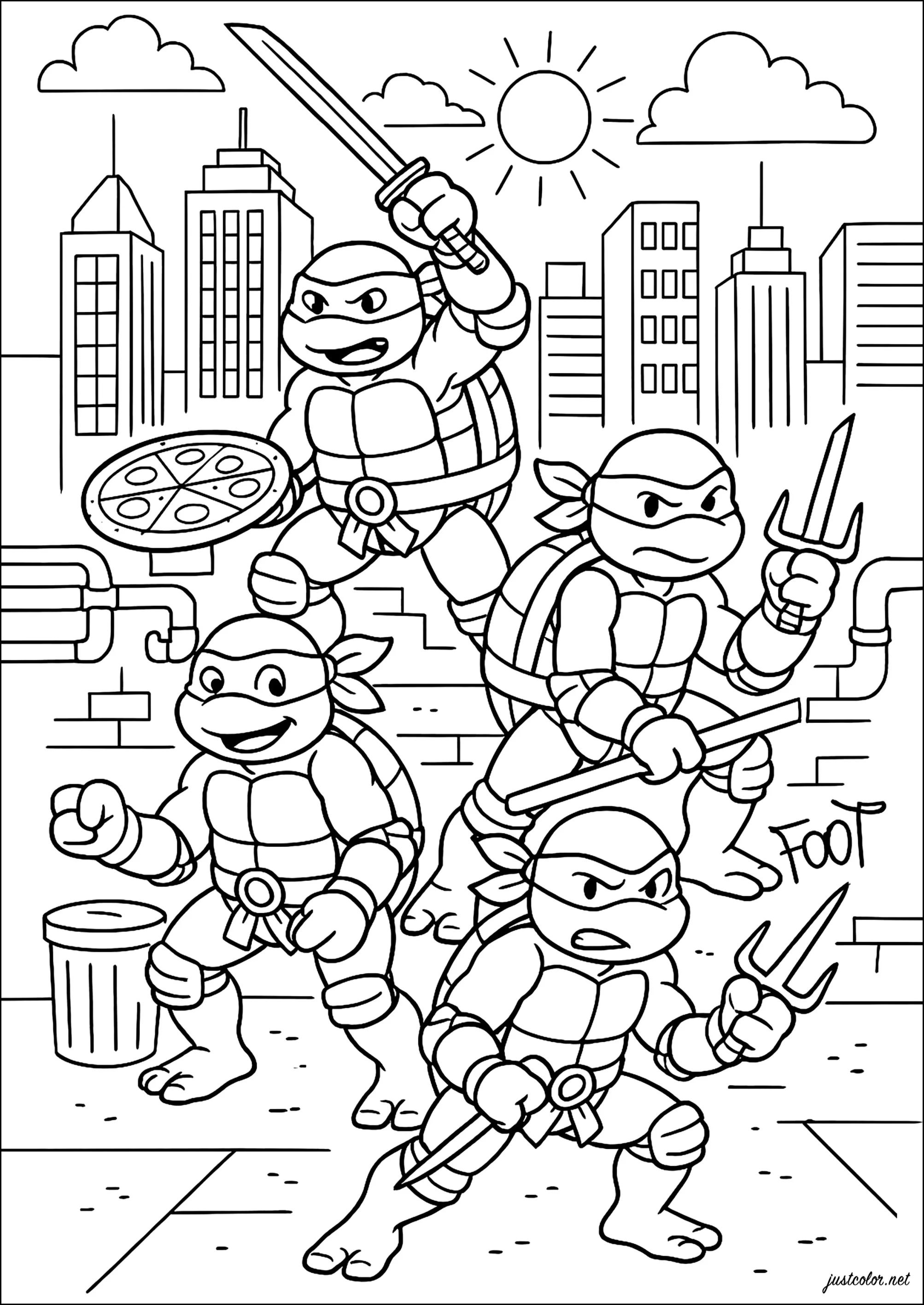 Les Tortues Ninja en Action (Coloriage à imprimer pour enfants)
