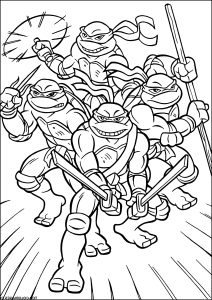 Les quatre tortues ninja en pleine action (Coloriage)