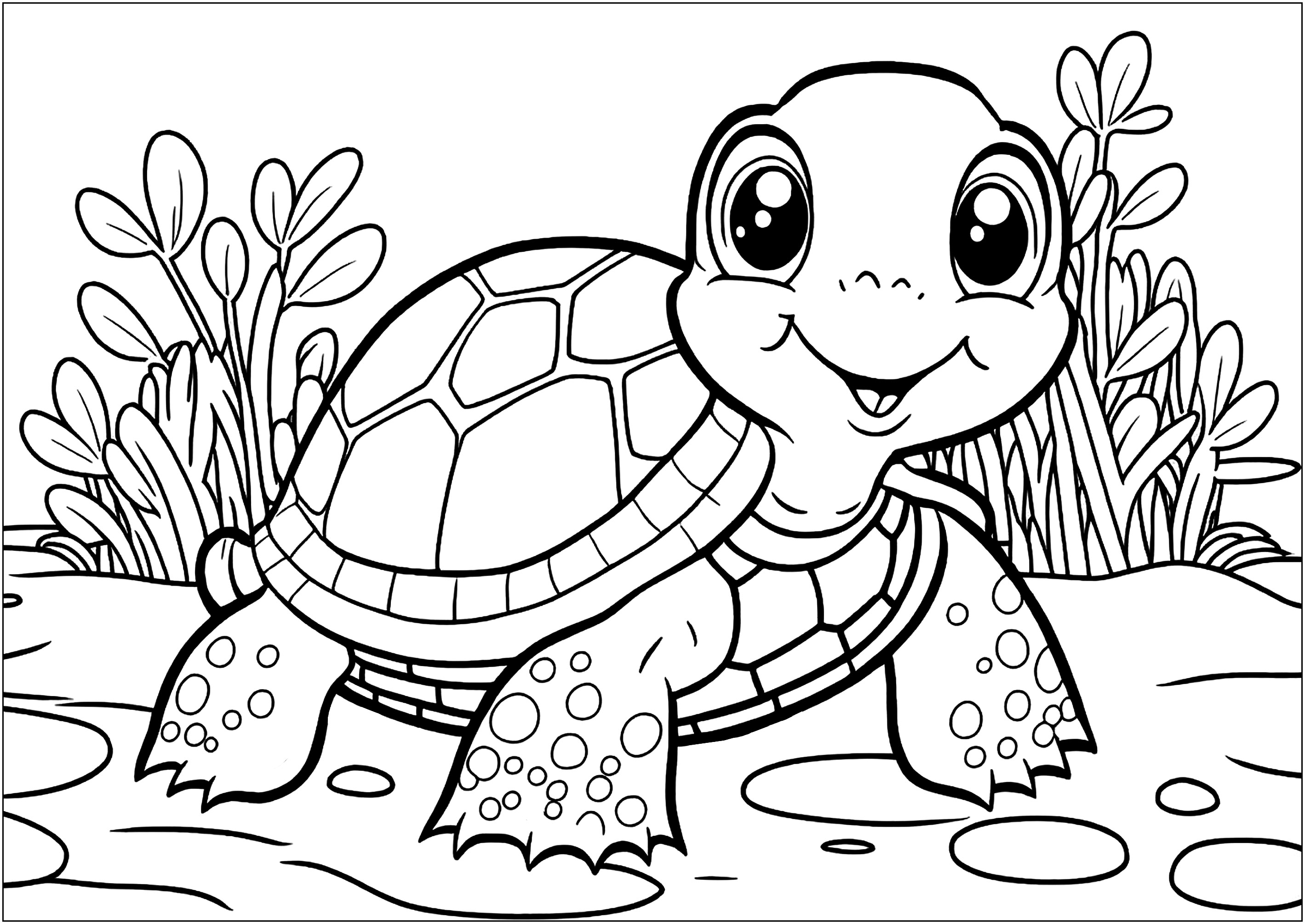 Jolie tortue aux grands yeux, très souriante, à colorier pour les plus jeunes