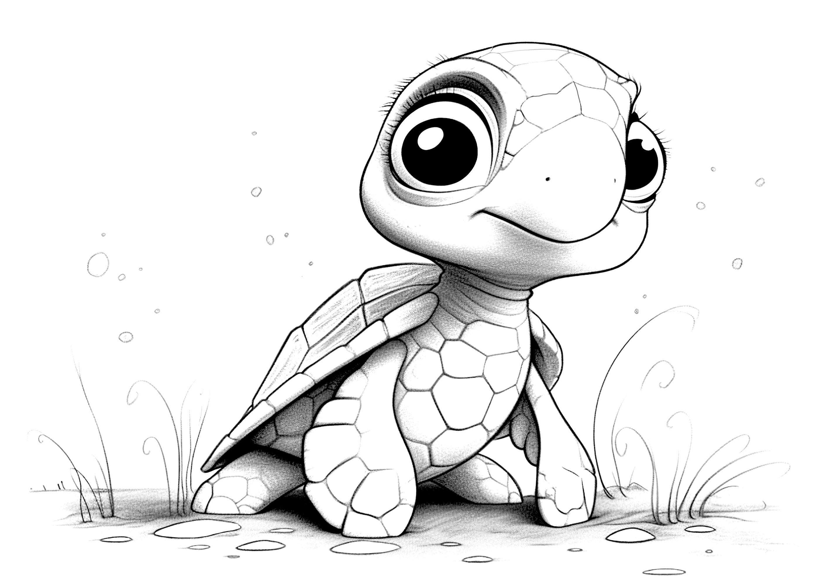 Petite tortue. Un style mélangeant le dessin au crayon et la 3D style Disney/Pixar