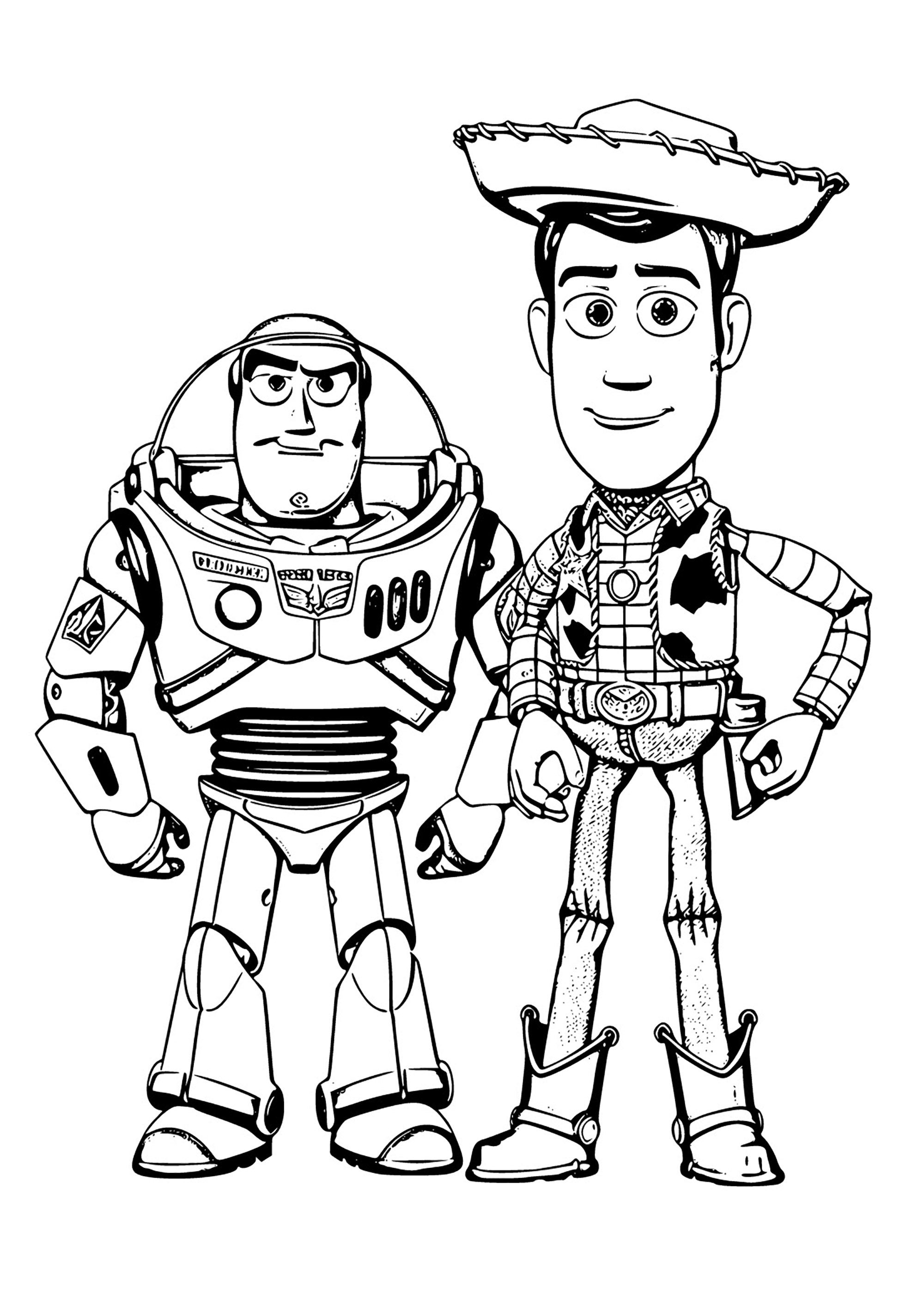 Joli dessin à colorier de Woody et Buzz. Un dessin au style très particulier, loin de la représentation 3D des films