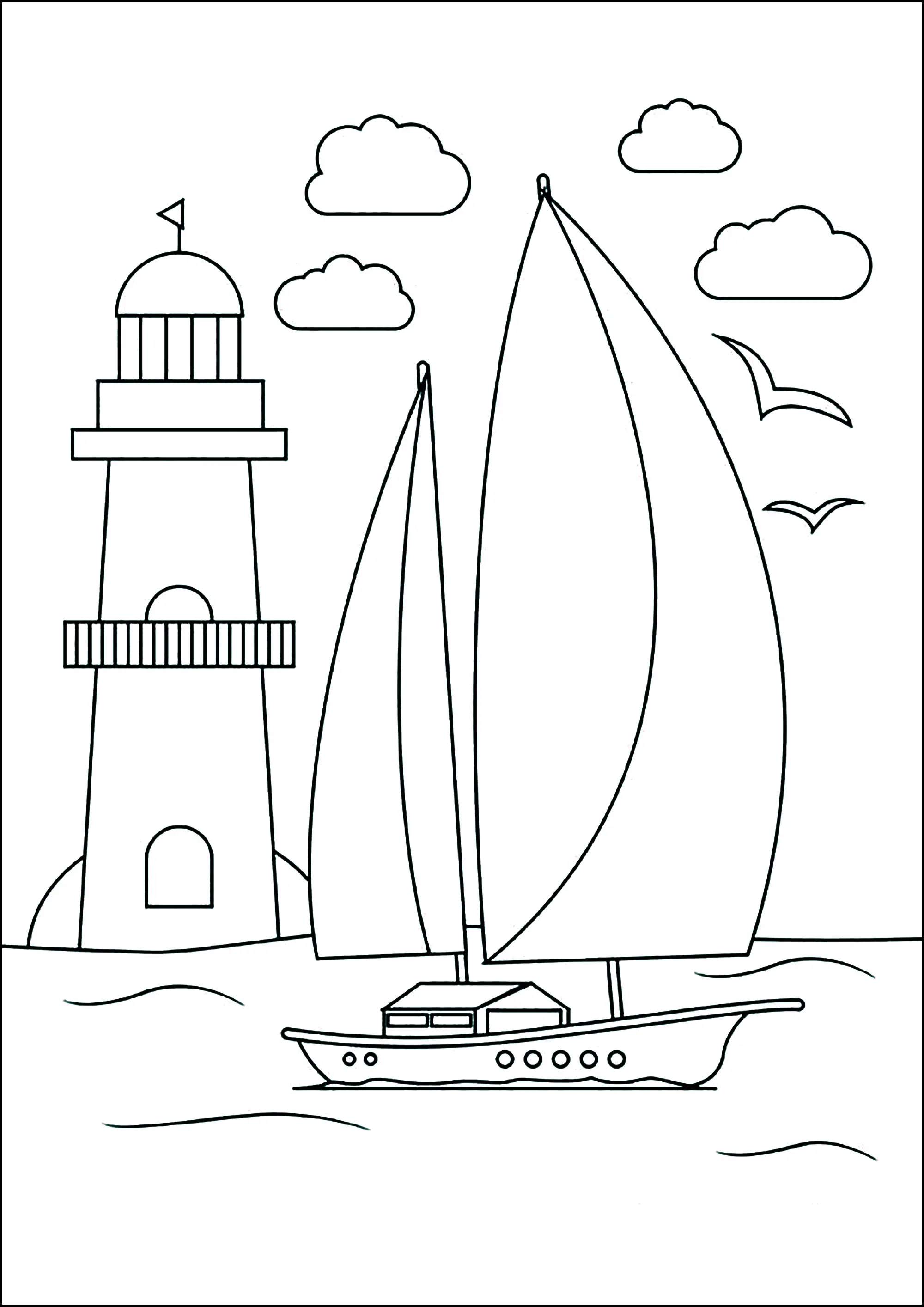 Joli voilier et phare (Coloriage de Transports à imprimer pour enfants)