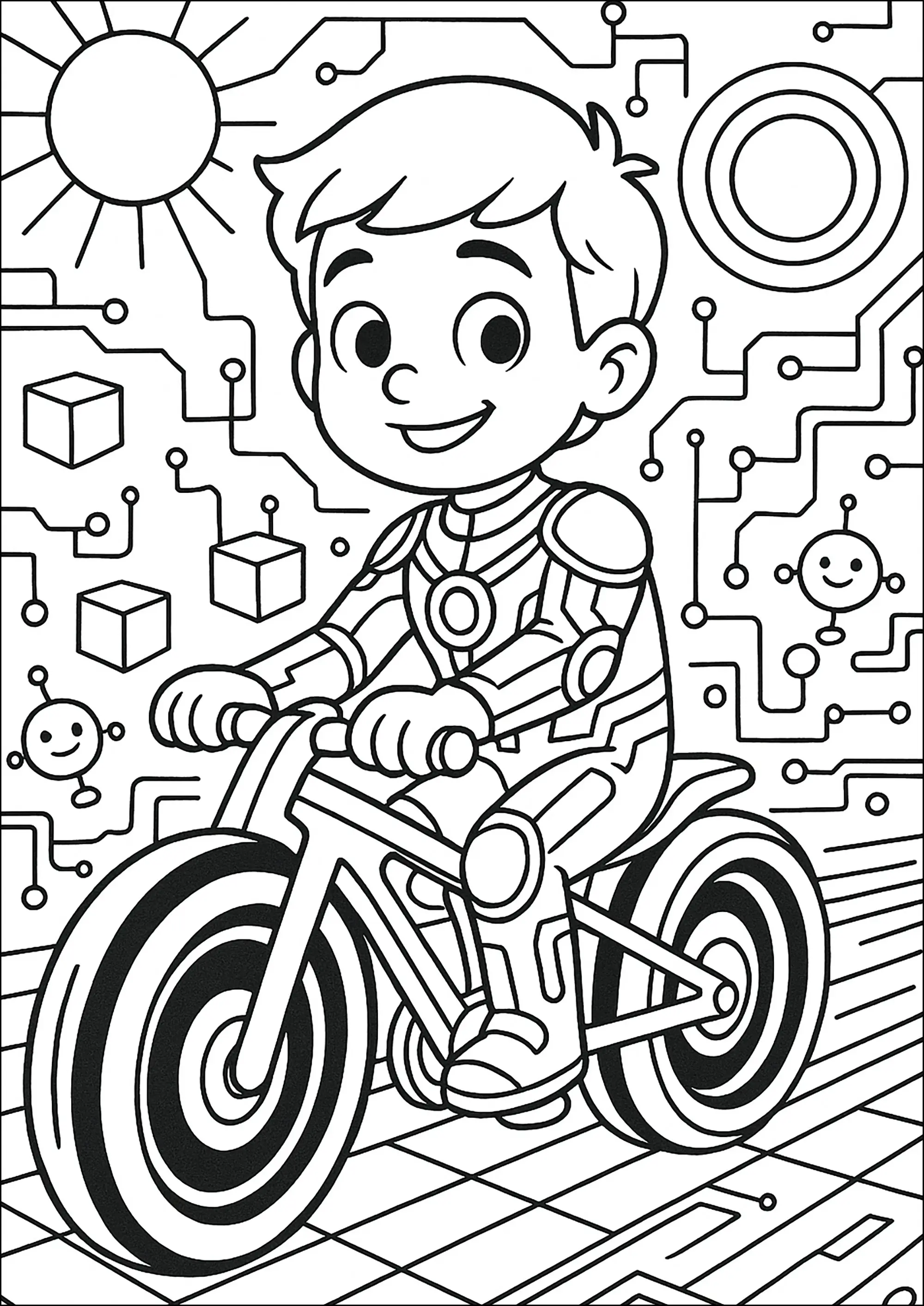 Jeune homme sur un vélo futuriste (Coloriage de Tron à imprimer pour enfants)
