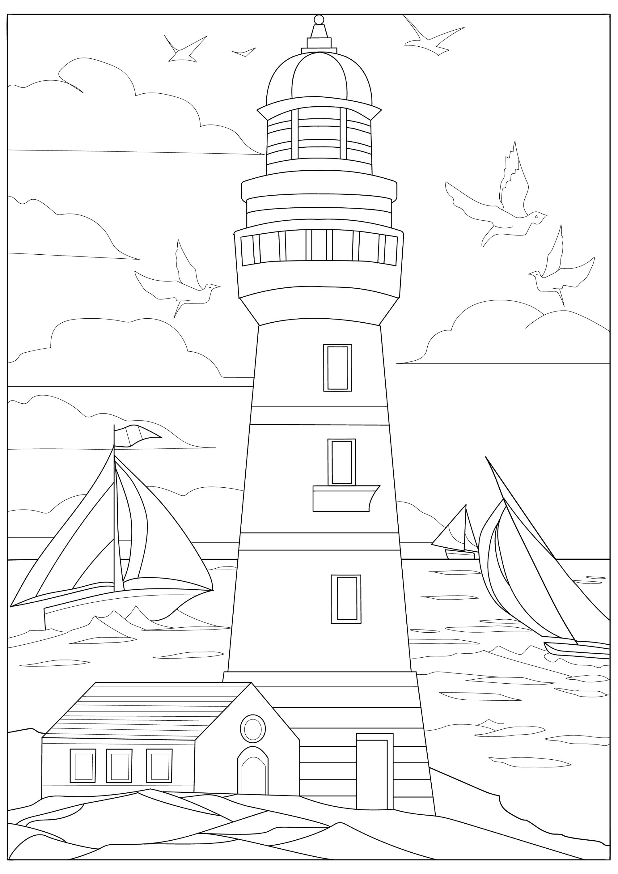 Joli phare breton à colorier, avec en arrière plan une mer calme et quelques bateaux