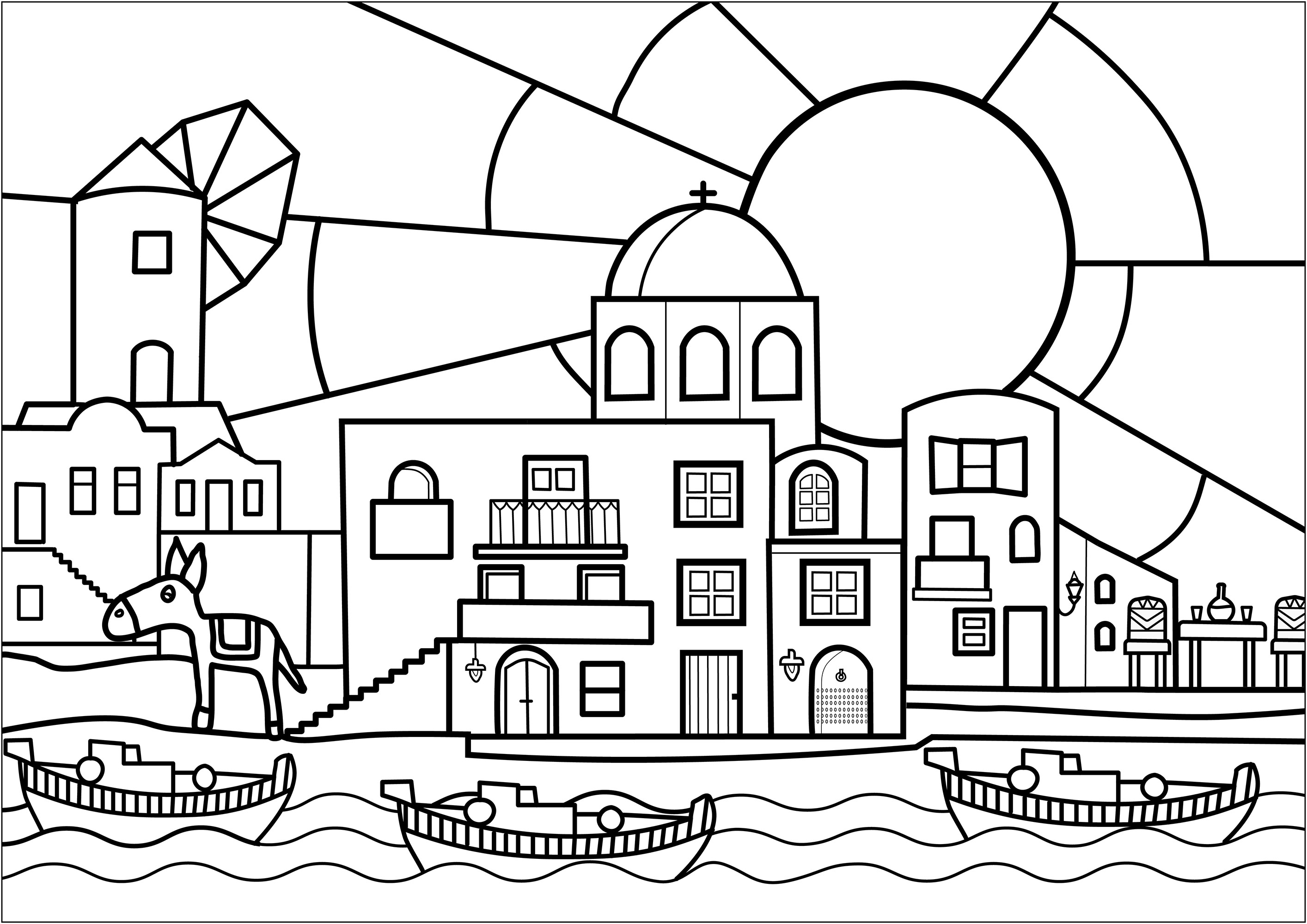 Joli coloriage d'un village en Grèce. Coloriez les habitations, le moulin, l'église de ce village, ainsi que les bateaux sortant du port