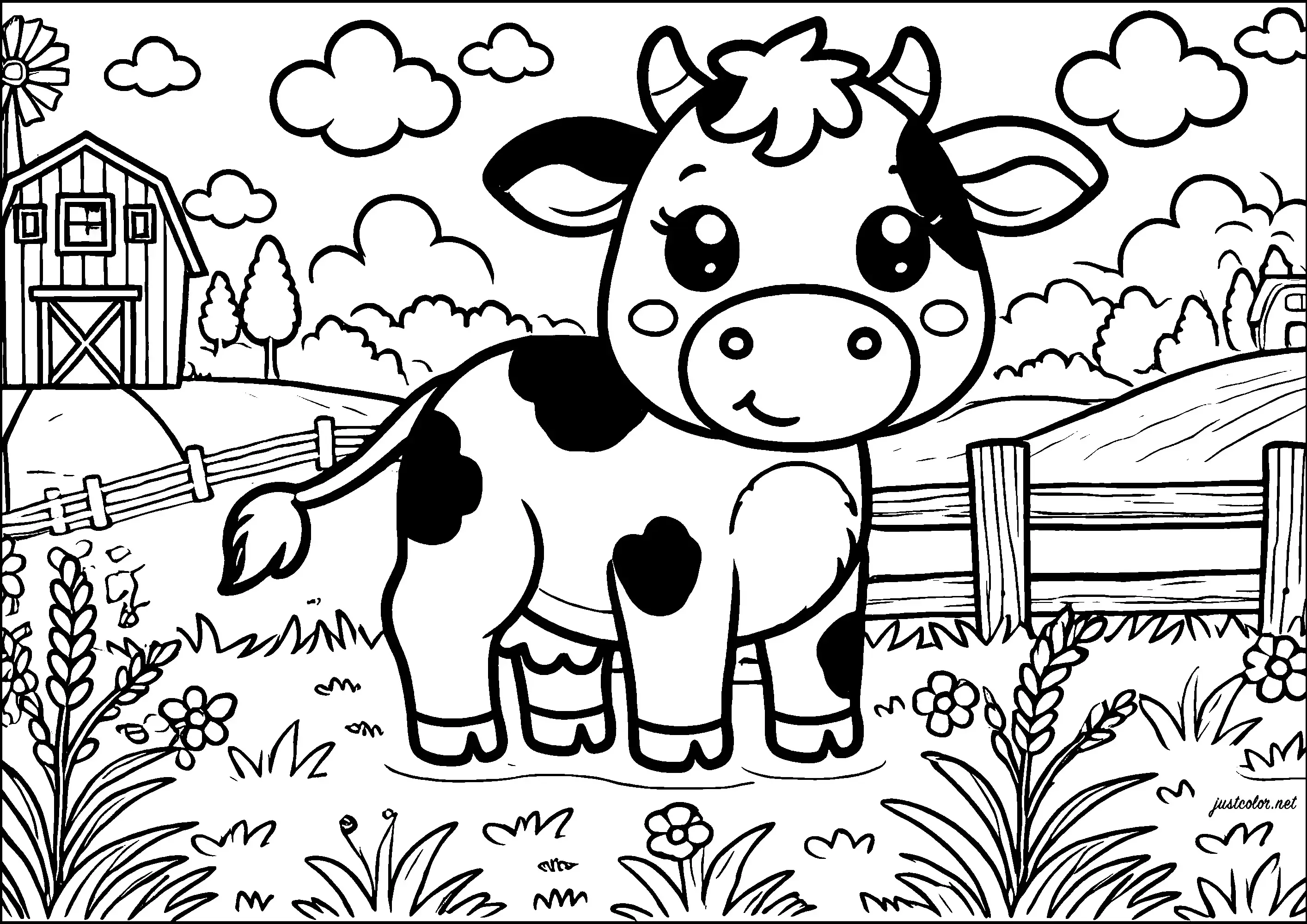 Petite vache dans la ferme (Coloriage à imprimer pour enfants)