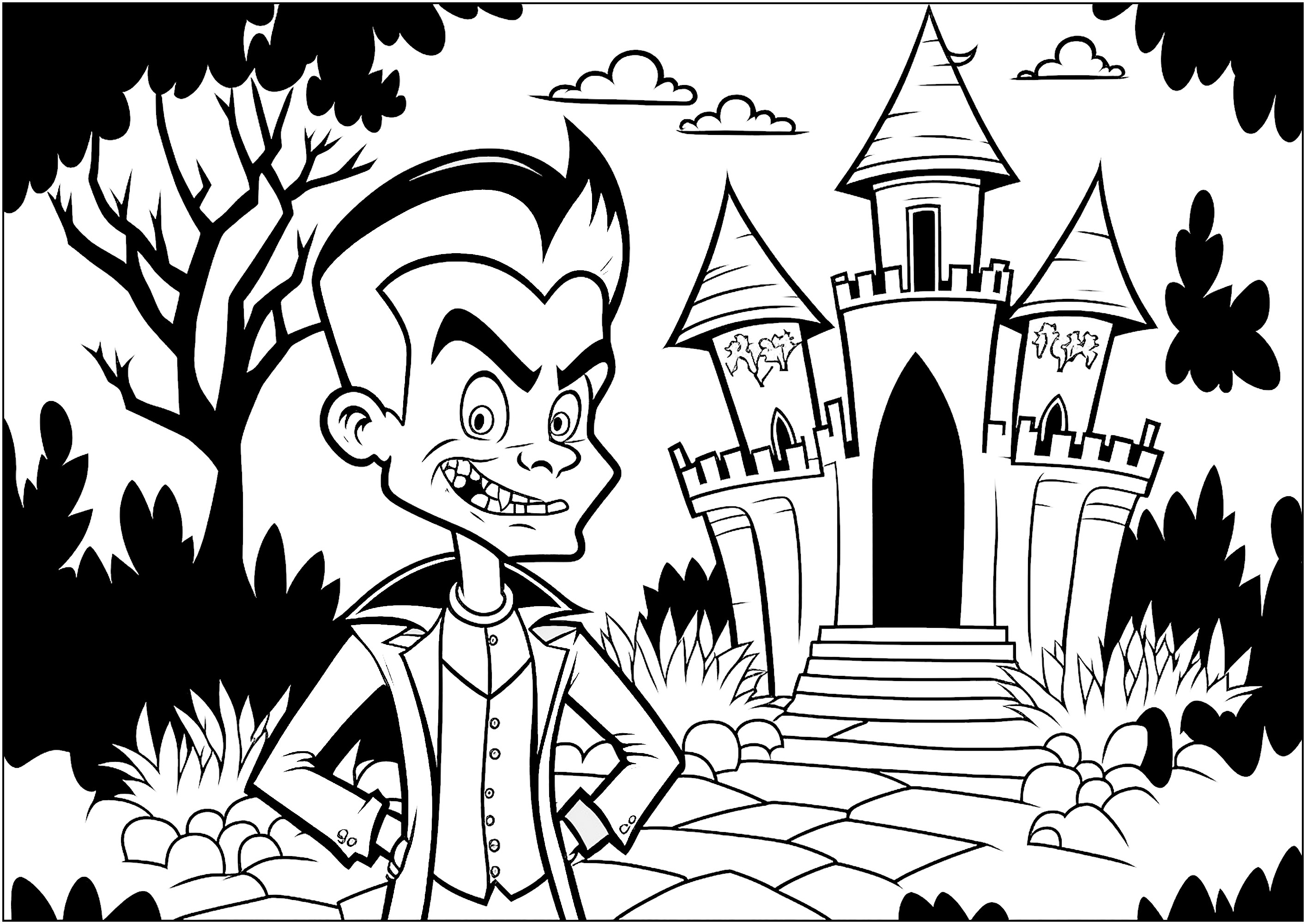 Coloriage d'un vampire devant son château lugubre