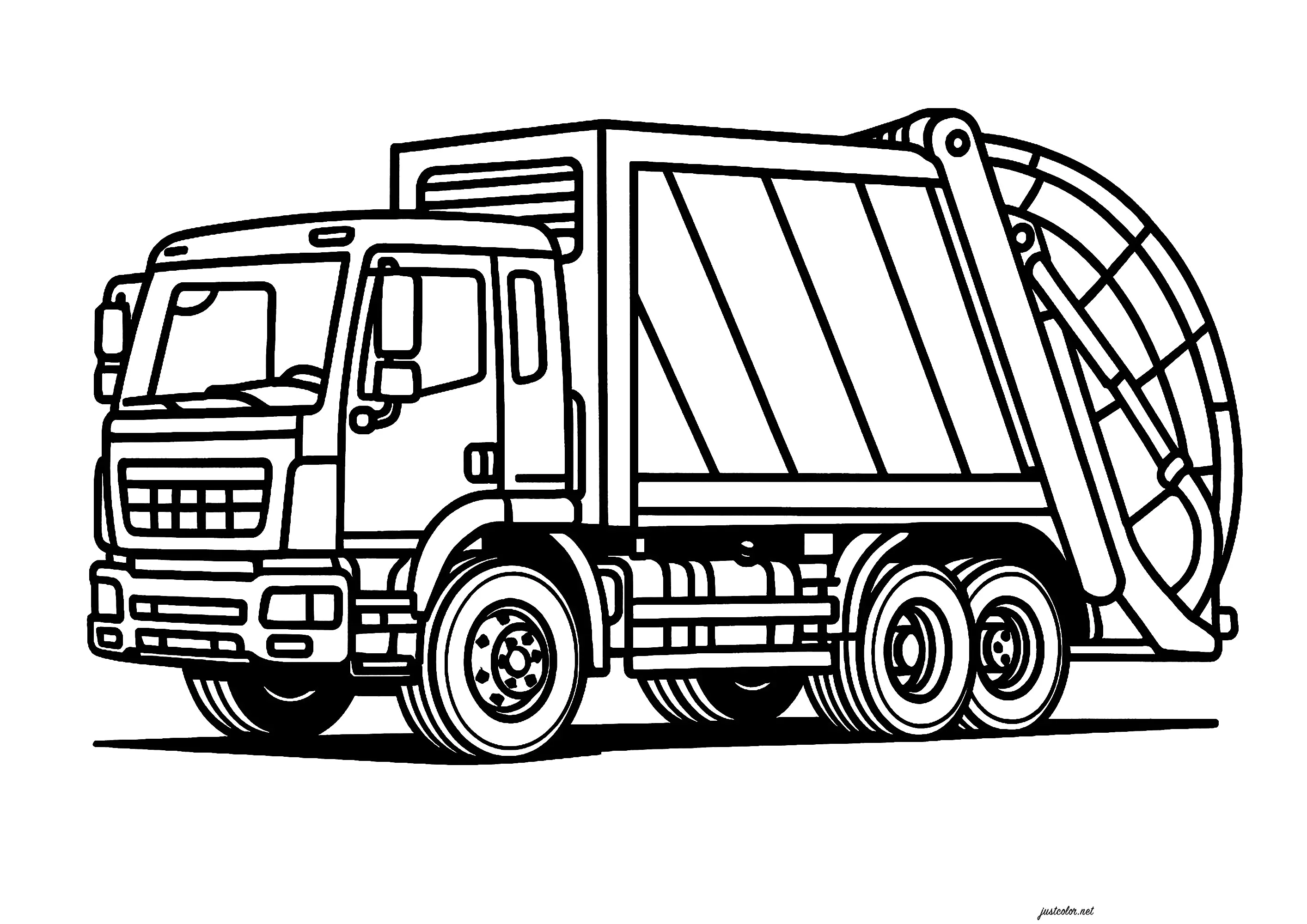 Camion poubelles, vu de profil (Coloriage de Véhicules à imprimer pour enfants)