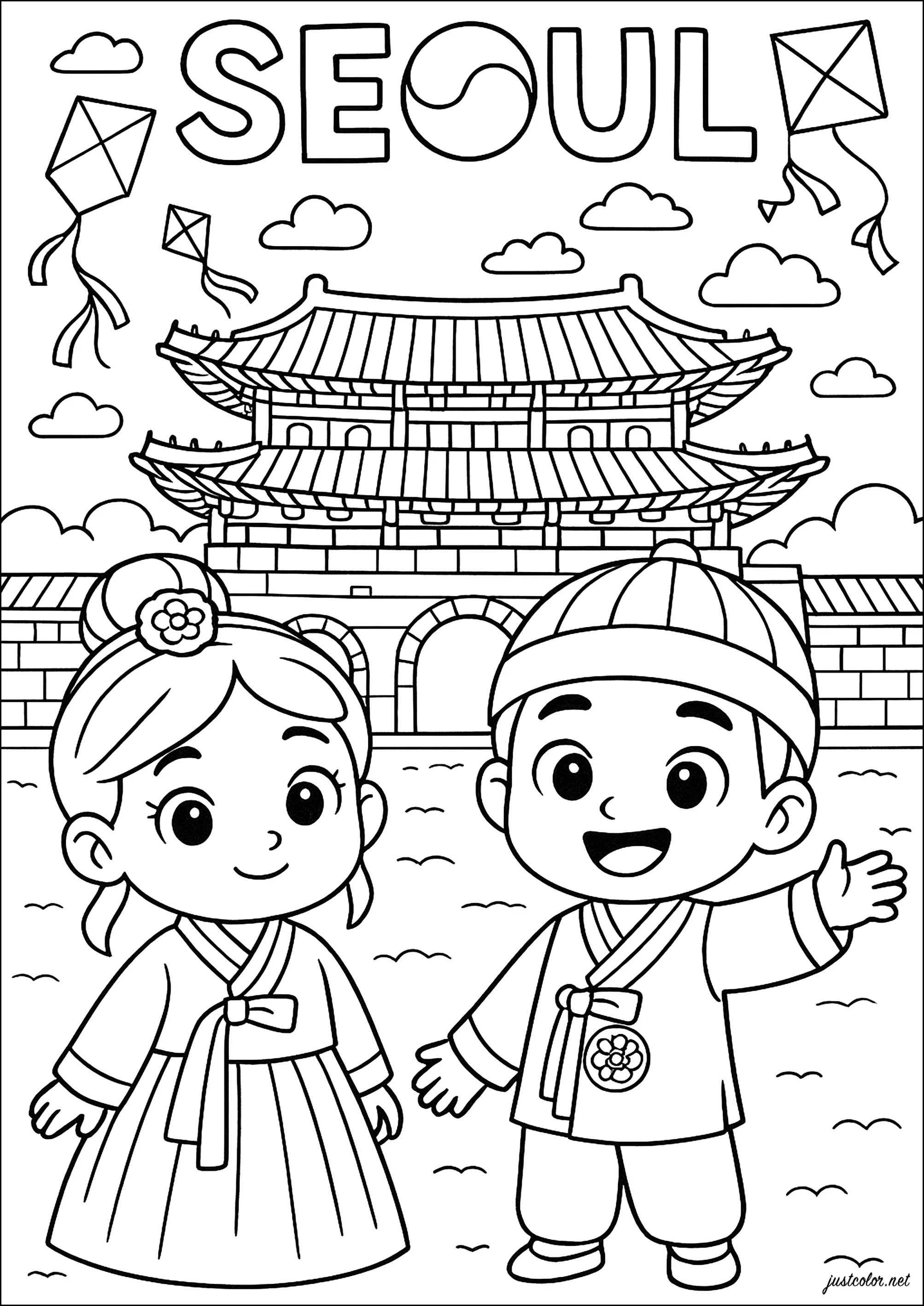 Séoul (Corée du Sud) : Exploration de la culture coréenne avec deux enfants (Coloriage de Villes à imprimer pour enfants)