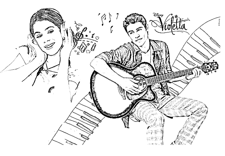 Le beau Tomas chante pour Violetta, image gratuite à colorier pleine de notes de musique