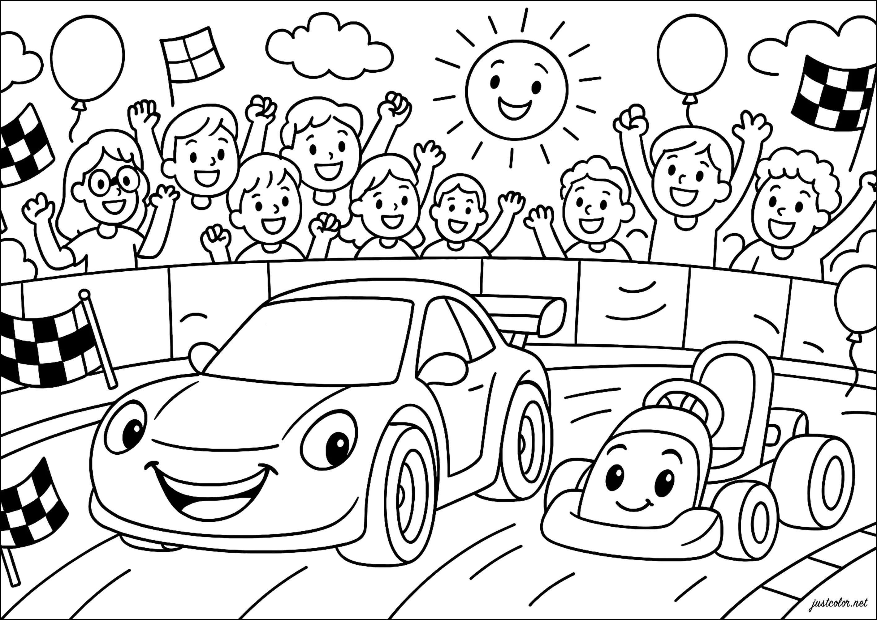 Course de Voitures Cartoon sur Circuit (Coloriage à imprimer pour enfants)