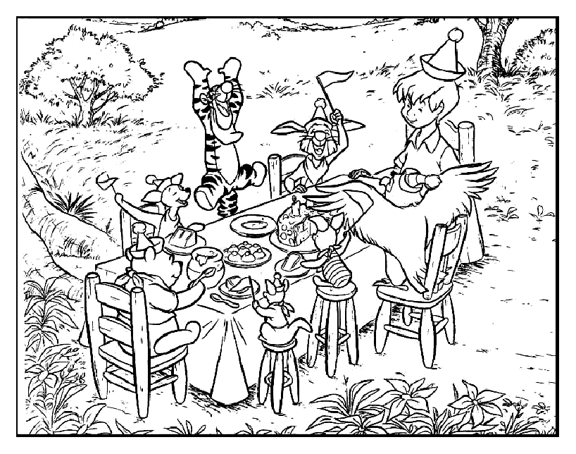 Joli coloriage de Winnie et ses amis, pour un repas champêtre