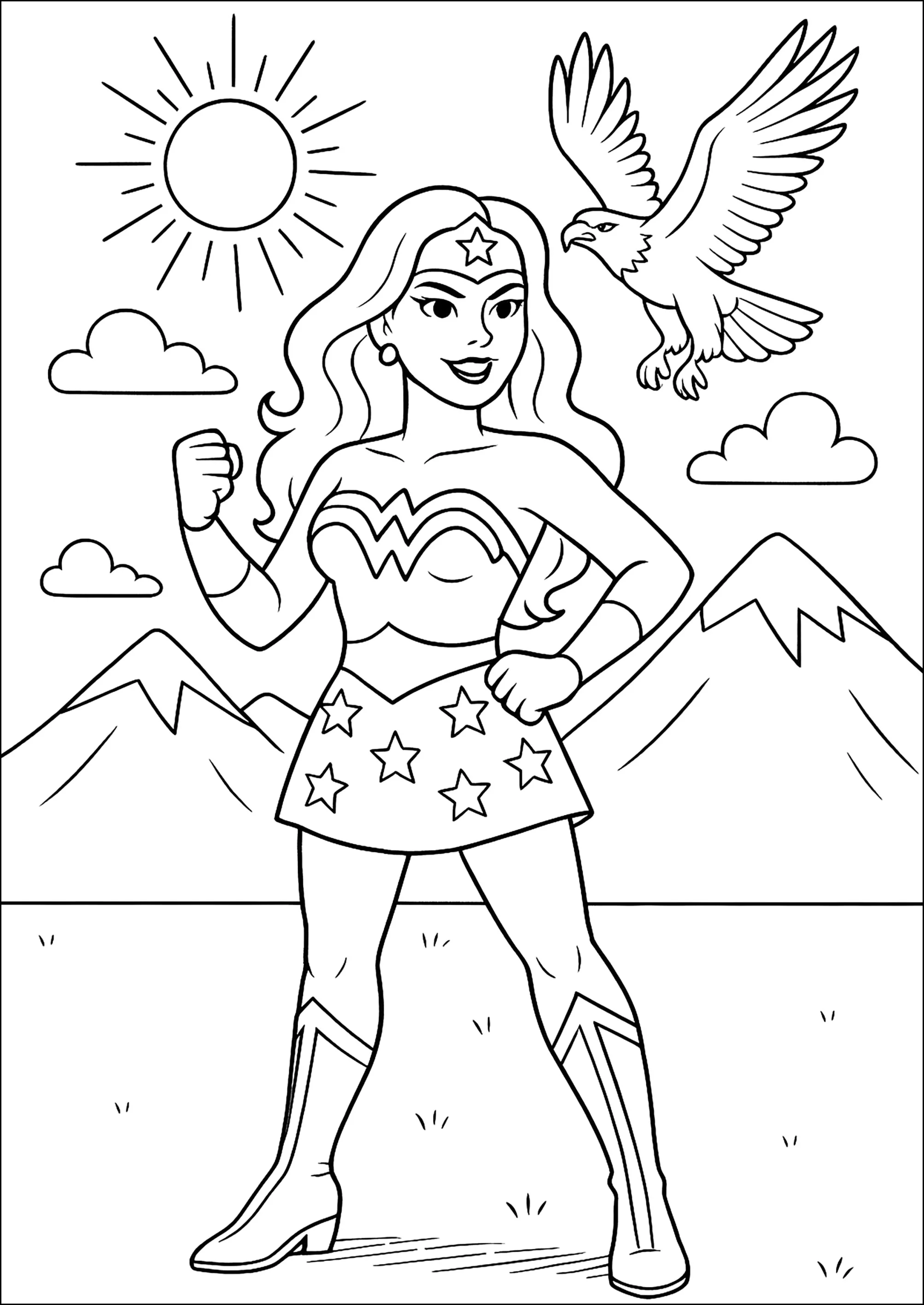 Wonder Woman et un aigle (Coloriage à imprimer pour enfants)