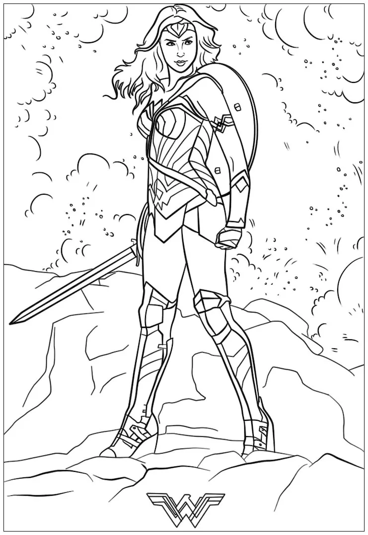 Gal Gadot dans le rôle de la célèbre justicière (Coloriage de Wonder Woman à imprimer pour enfants)