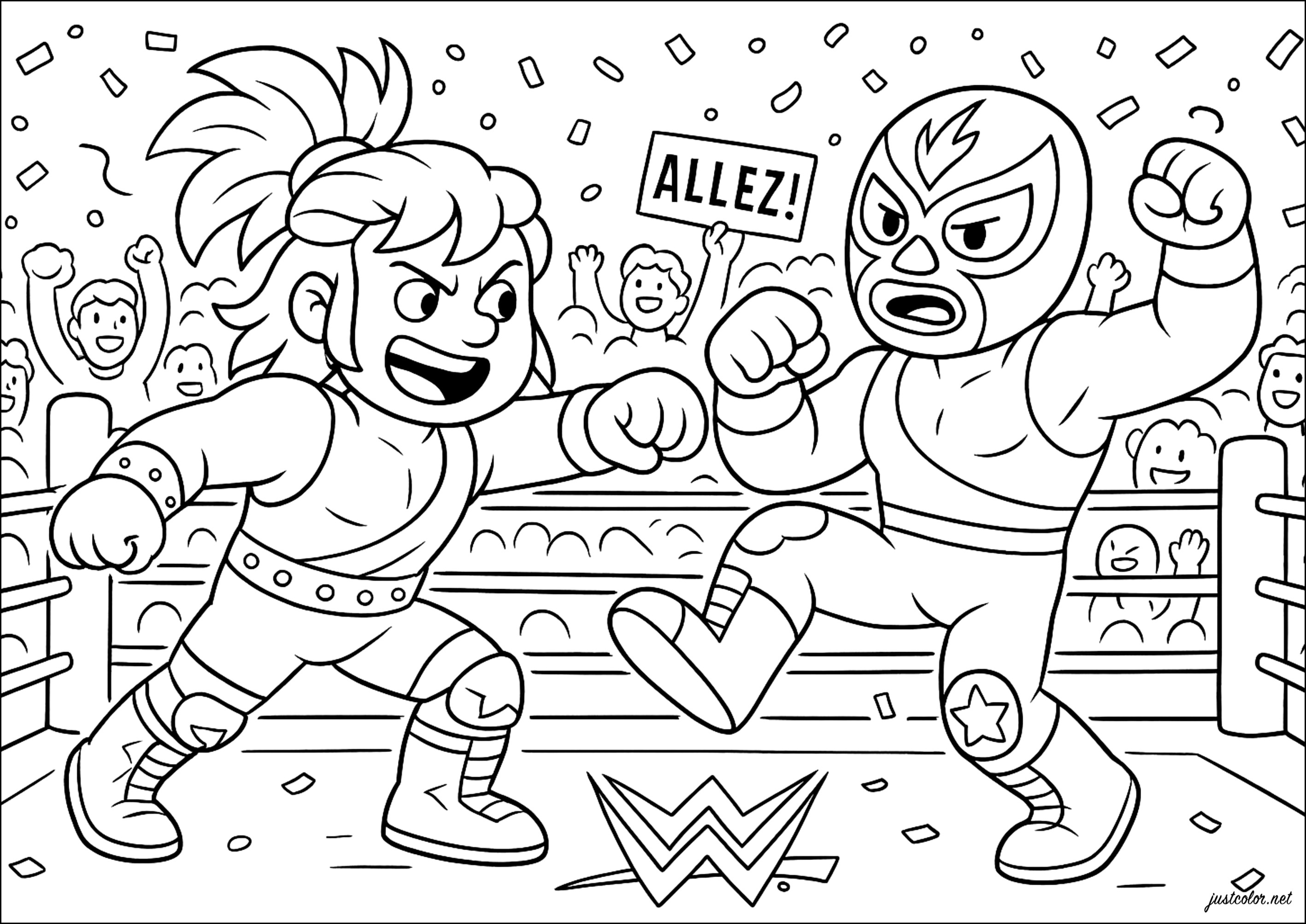 Duel Amical sur le Ring (Coloriage de WWE à imprimer pour enfants)