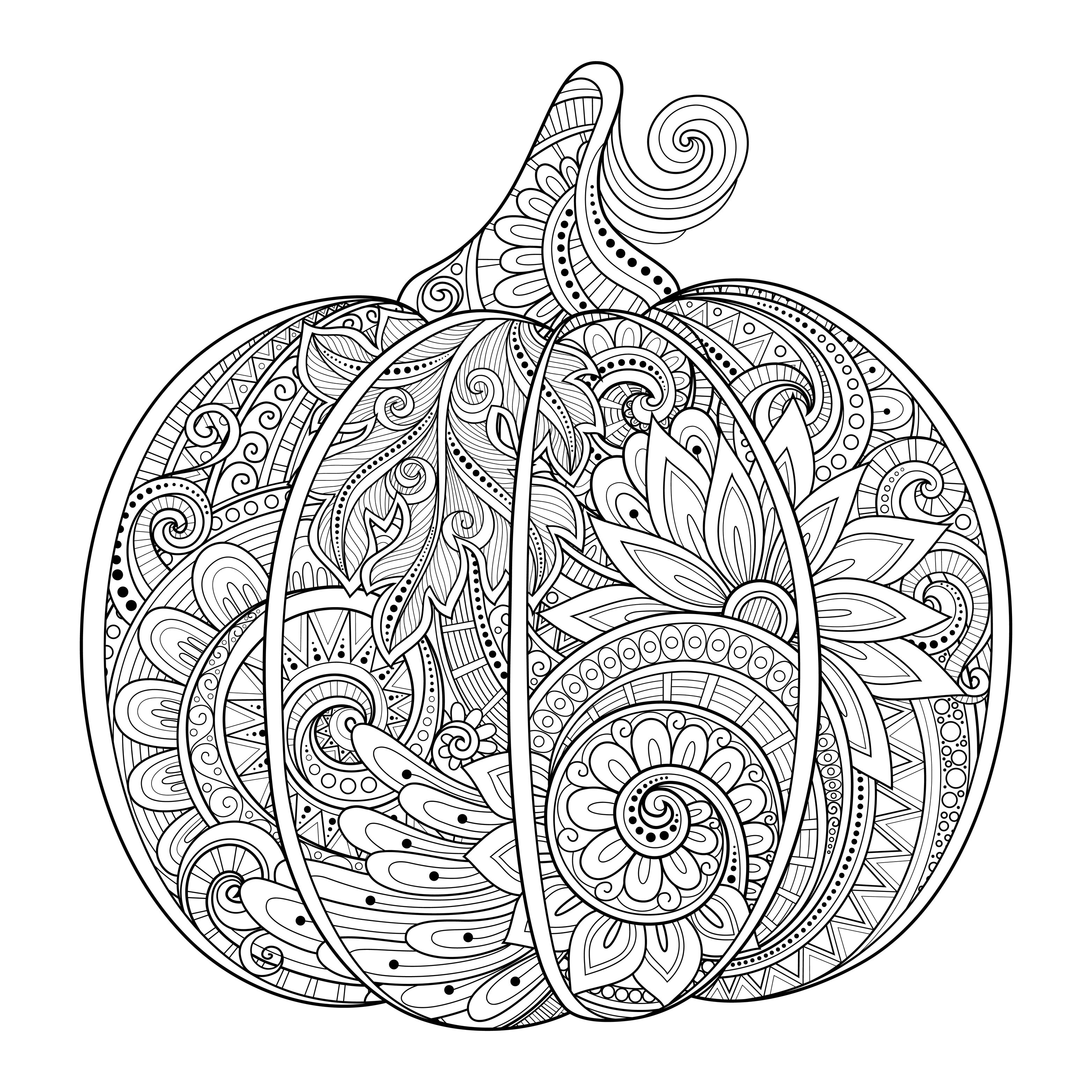 Magnifique dessin d'une citrouille d'Halloween effectué avec des motifs Zentangle, à colorier, par Irina Rivorouchko (source : 123rf)