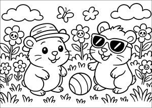 Deux hamsters joueurs au jardin (Coloriage de Zhu Zhu Pets)