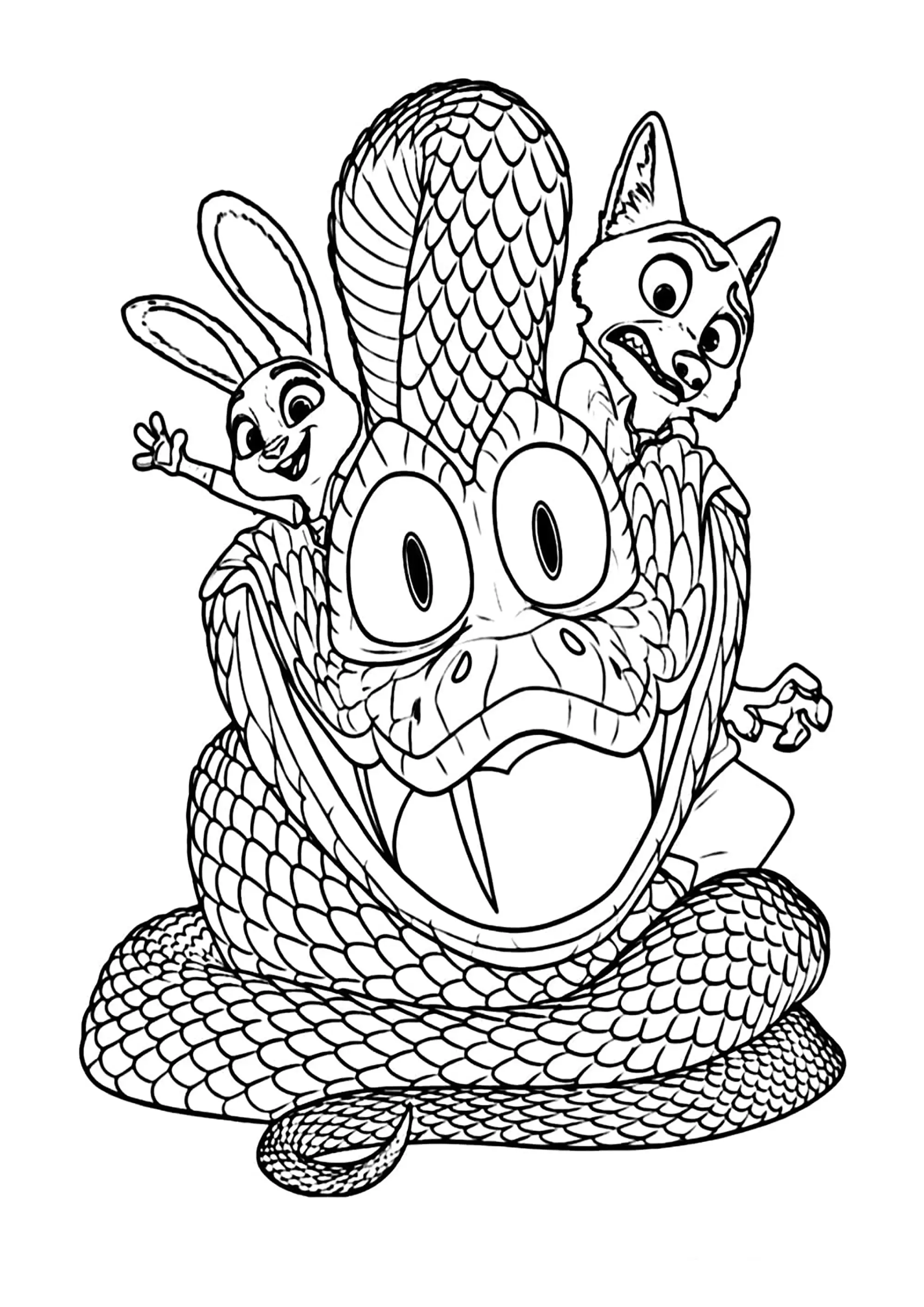 Nick, Judy et Gary le serpent (Coloriage de Zootopie 2 à imprimer pour enfants)