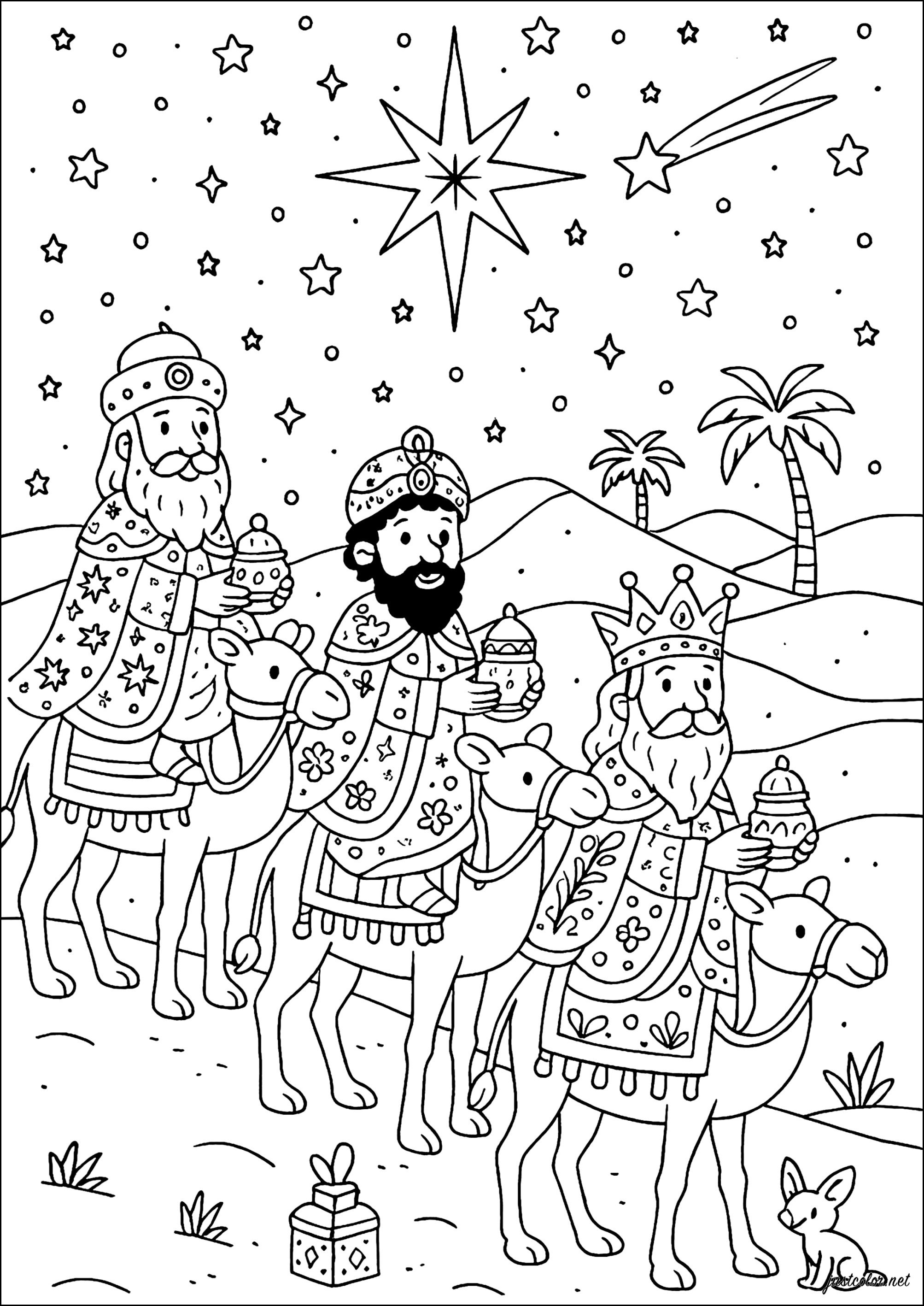 穿越沙漠- 儿童着色页: 三博士, image size:2006x2834